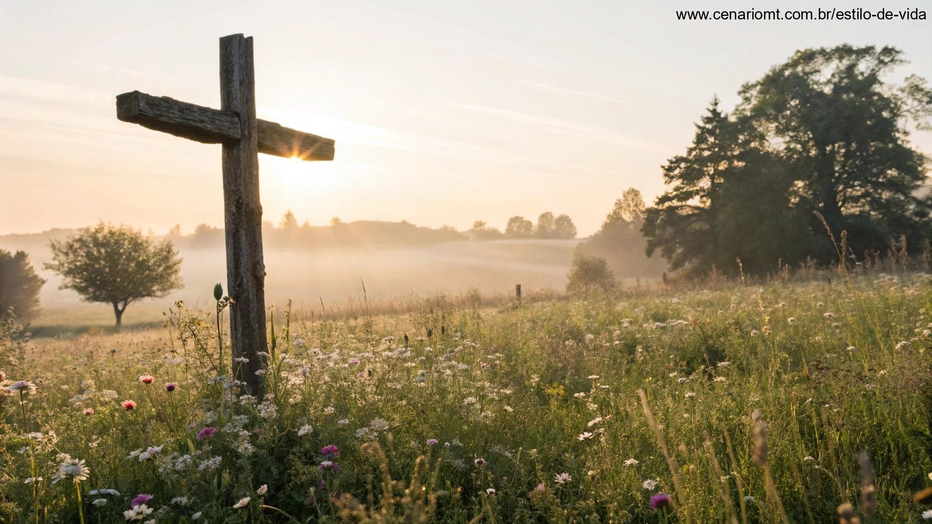 Cruz de madeira rústica em campo de flores silvestres ao amanhecer, com luz solar suave criando um brilho ao redor