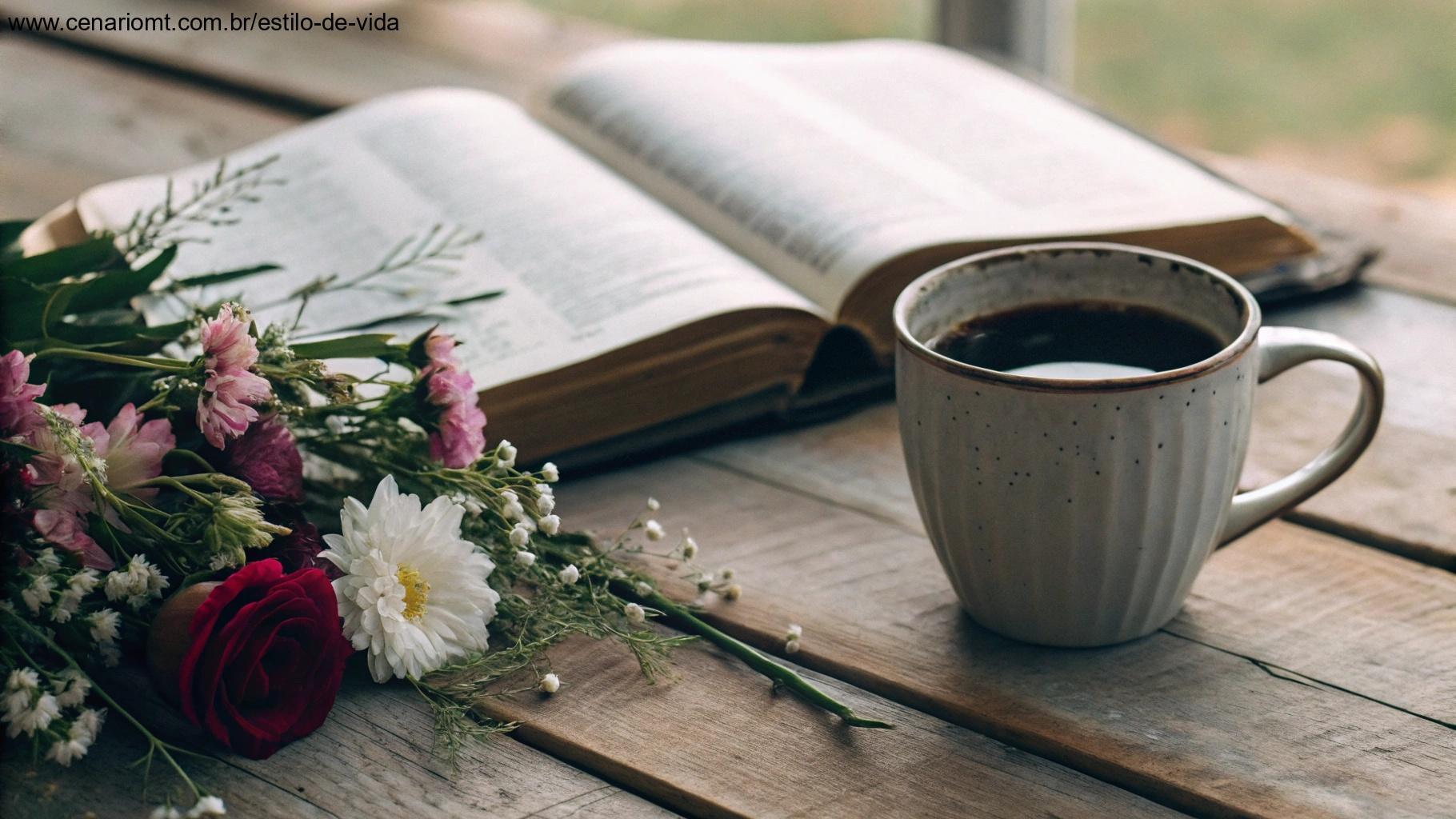 Xícara de café em uma mesa de madeira com flores e uma Bíblia aberta, simbolizando um dia abençoado
