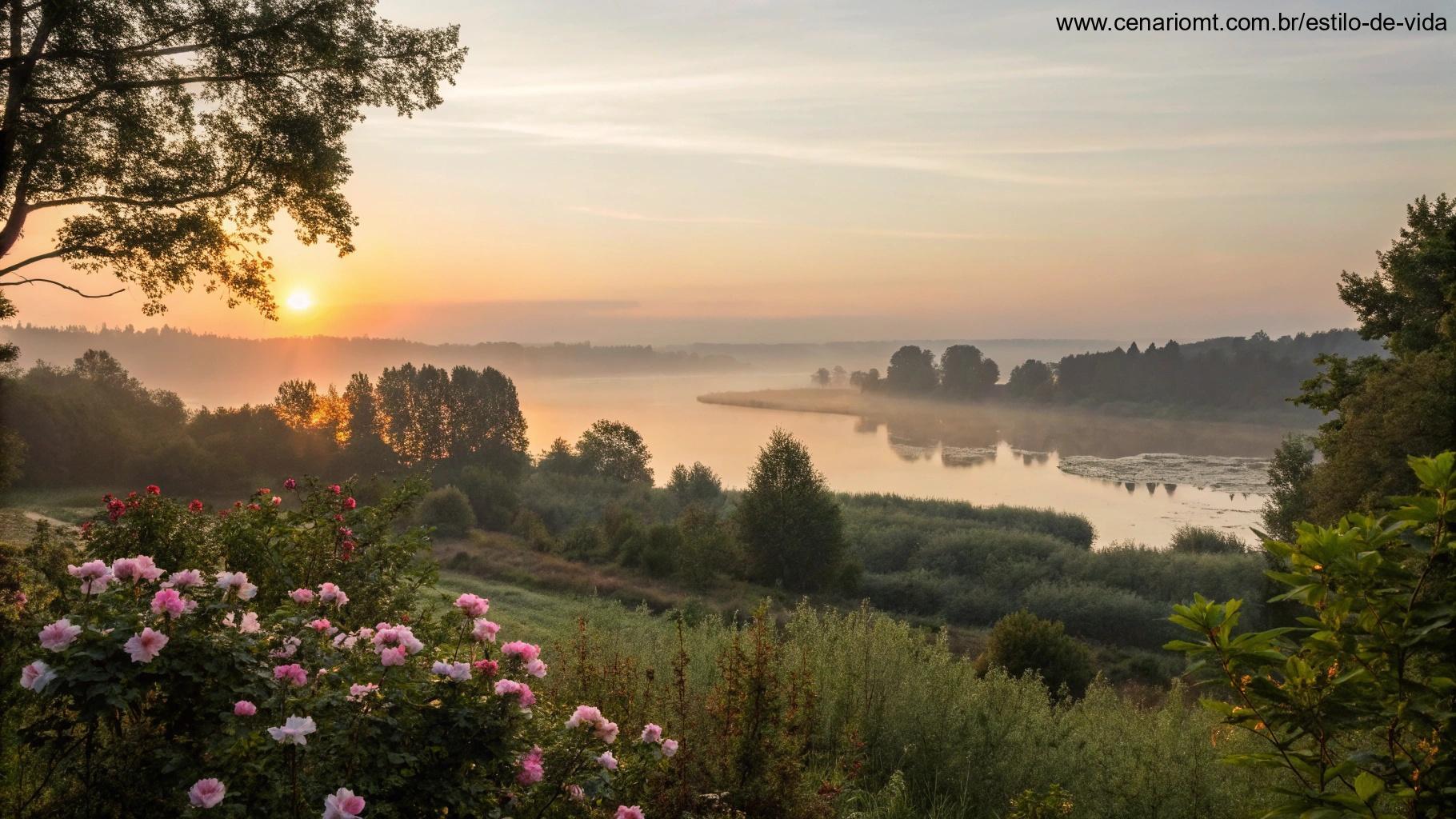 Amanhecer sereno com paisagem tranquila e elementos naturais tocando o coração