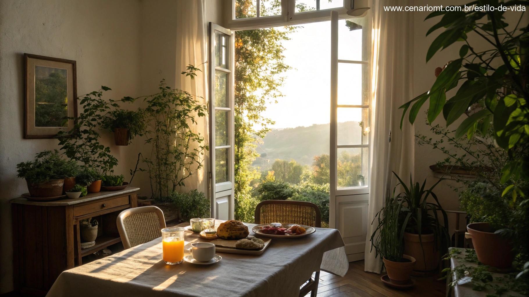 Café da manhã em casa com sol entrando pela janela e clima aconchegante