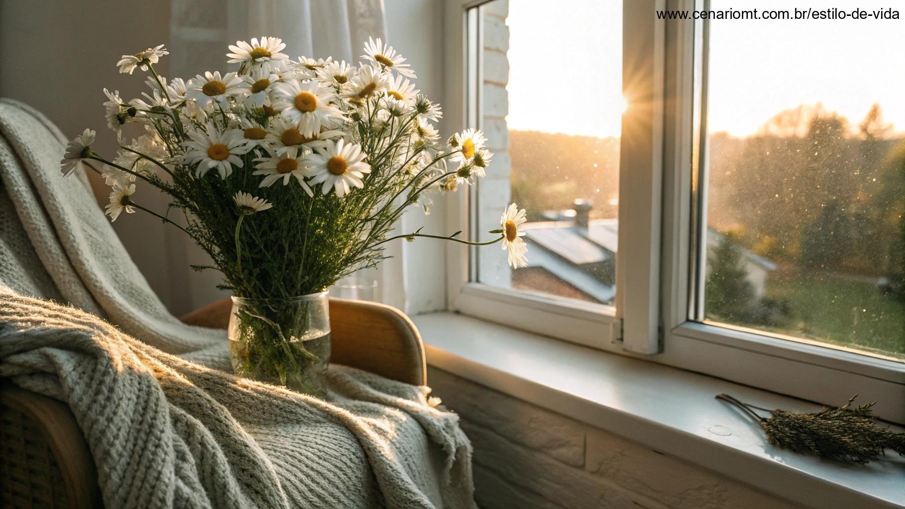 Cenário aconchegante com flores e luz do sol para inspirar frases de bom dia