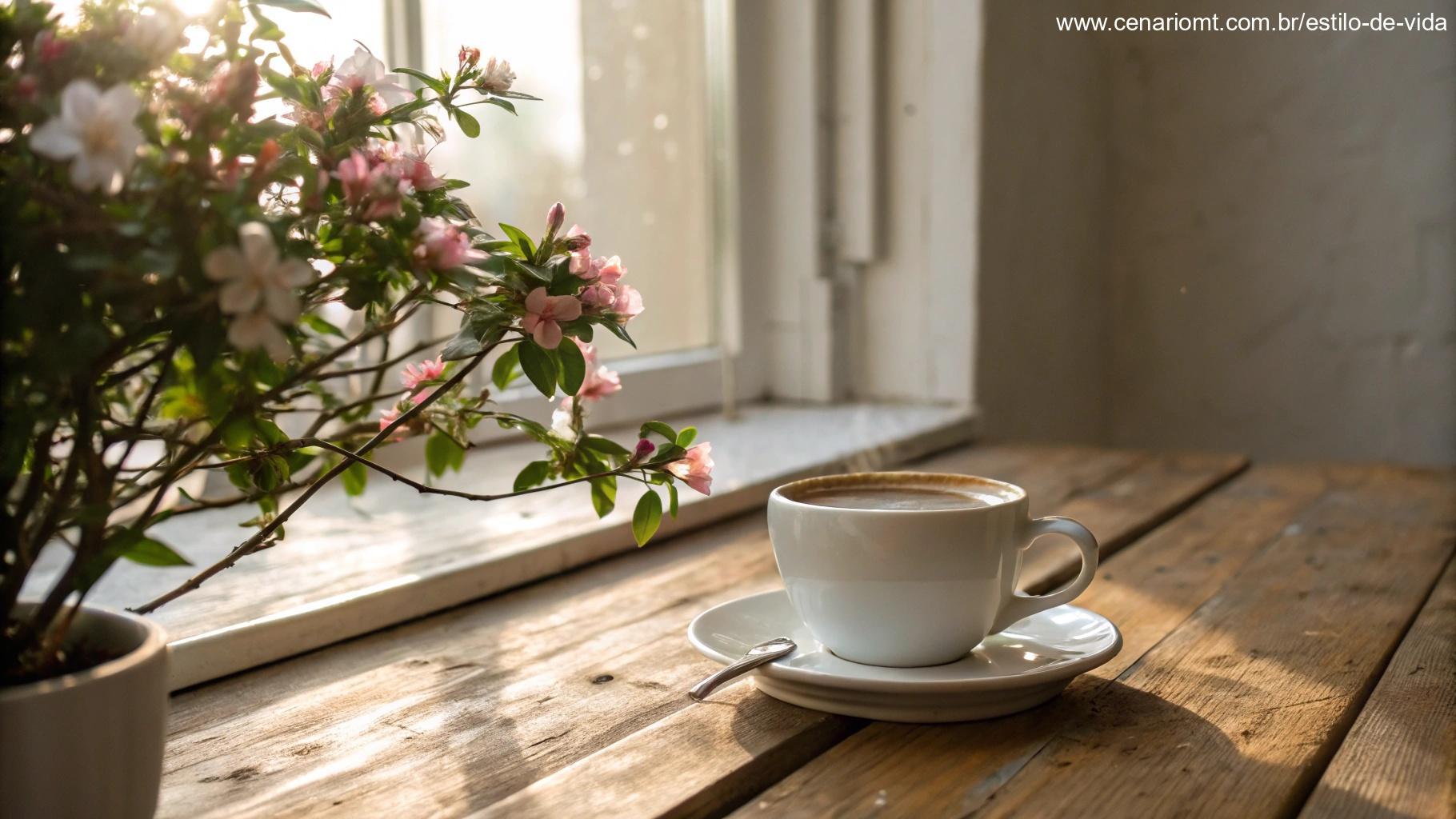 Cena acolhedora de uma xícara de café com planta florida ao lado, luz suave da manhã entrando pela janela