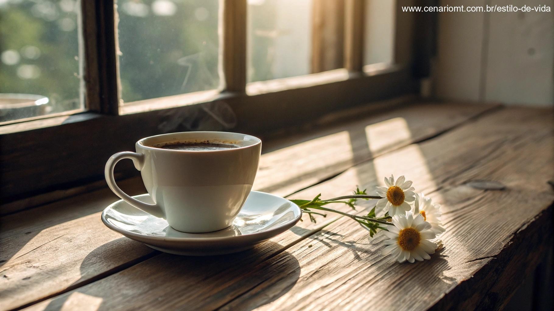 Xícara de café quente em uma mesa de madeira com uma flor ao lado