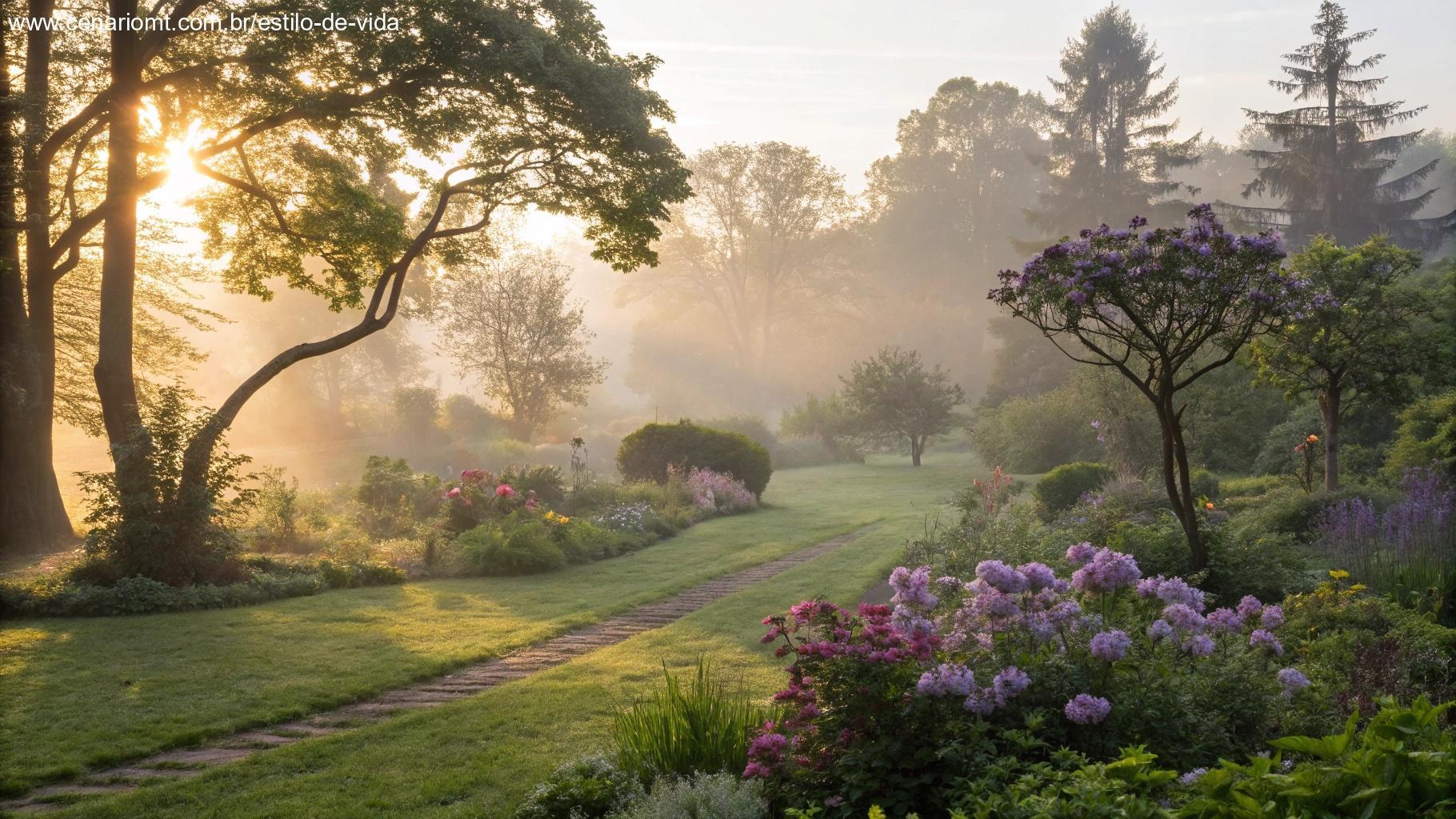 Jardim pacífico ao amanhecer com luz suave e flores coloridas