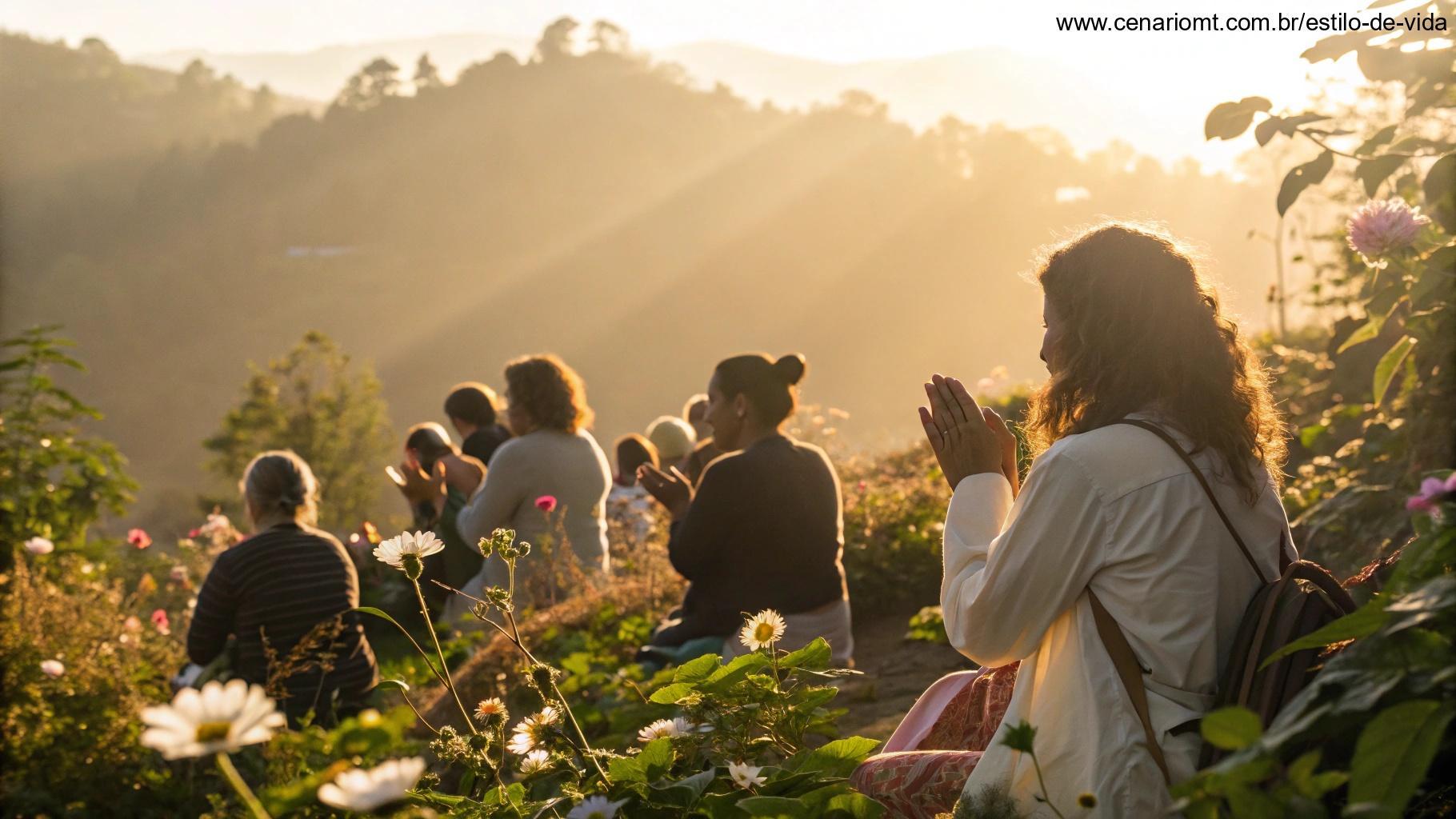 Imagem acolhedora e edificante com luz dourada suave e natureza pacífica ao redor de um grupo de pessoas reunidas em oração ou meditação.