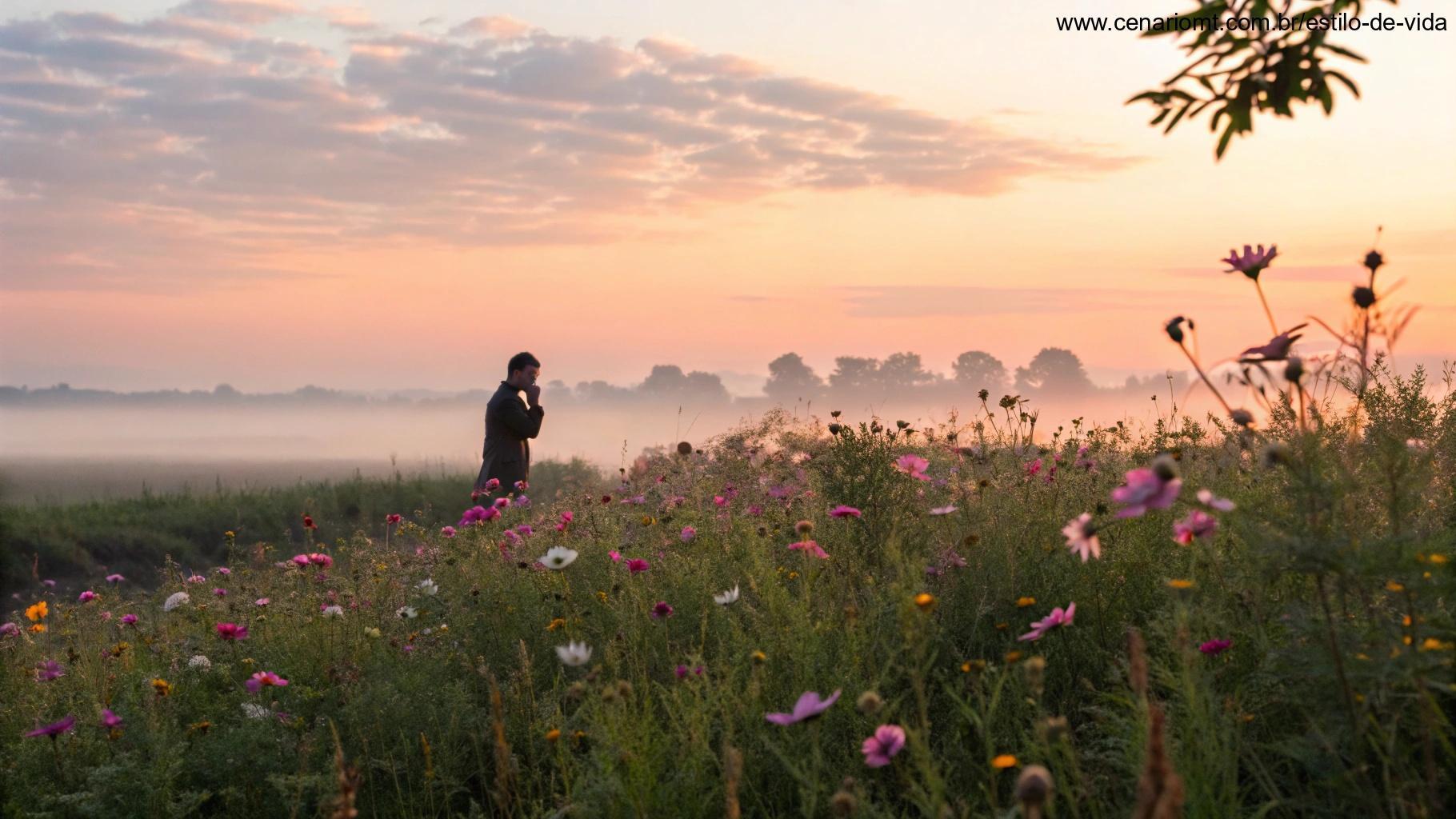 Amanhecer suave sobre um campo de flores, com a silhueta distante de uma pessoa orando, simbolizando o começo de um dia abençoado.