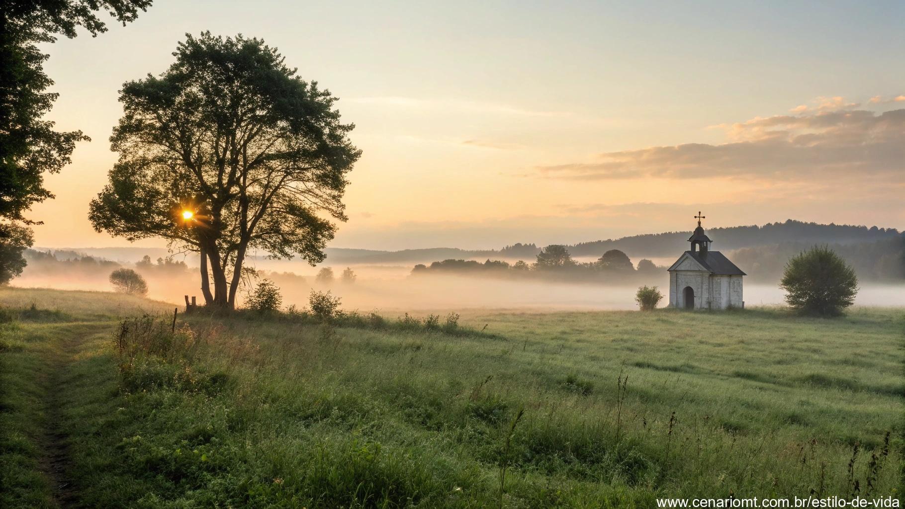 Paisagem tranquila ao amanhecer com luz suave e presença de elementos religiosos