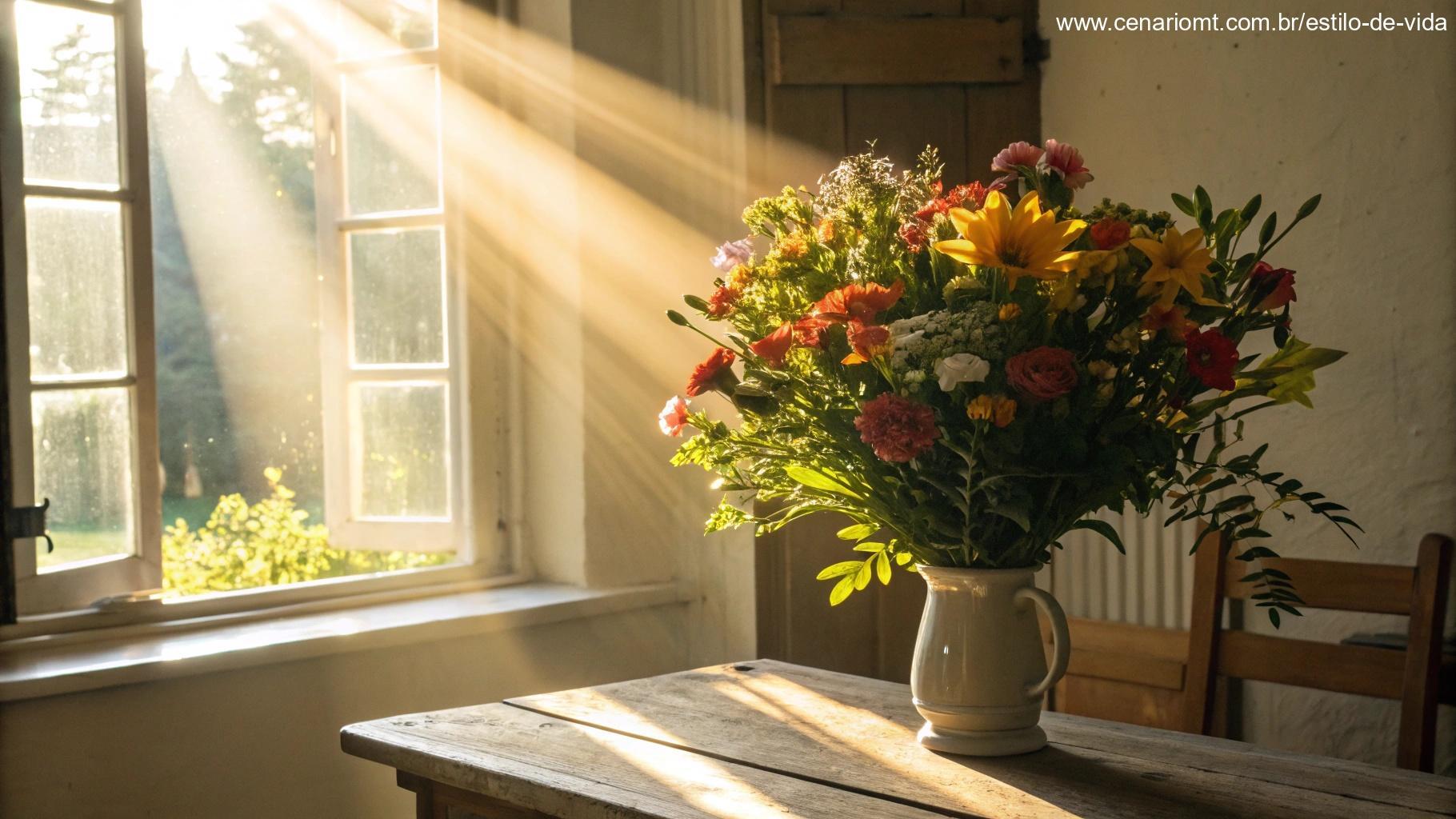 Cena brilhante com raios de sol iluminando flores frescas sobre a mesa, representando positividade e luz para a quinta-feira.