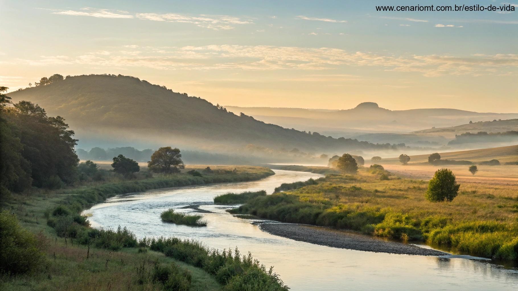 Paisagem serena de manhã com céu claro, colinas suaves ao fundo e um rio tranquilo fluindo. A imagem transmite uma sensação de paz e esperança, ideal para inspirar um grupo de pessoas religiosas no início do dia.