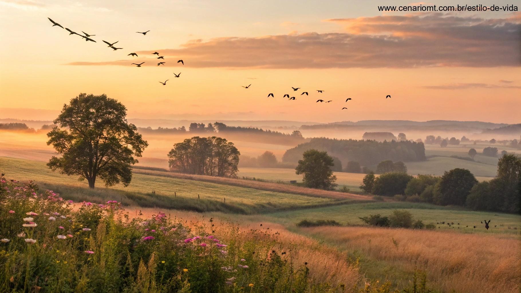 Amanhecer de Domingo de Páscoa no campo com flores e pássaros em harmonia