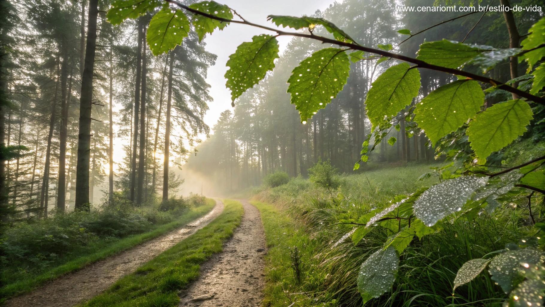 Imagem de uma trilha pacífica na floresta ao amanhecer representando esperança e renovação