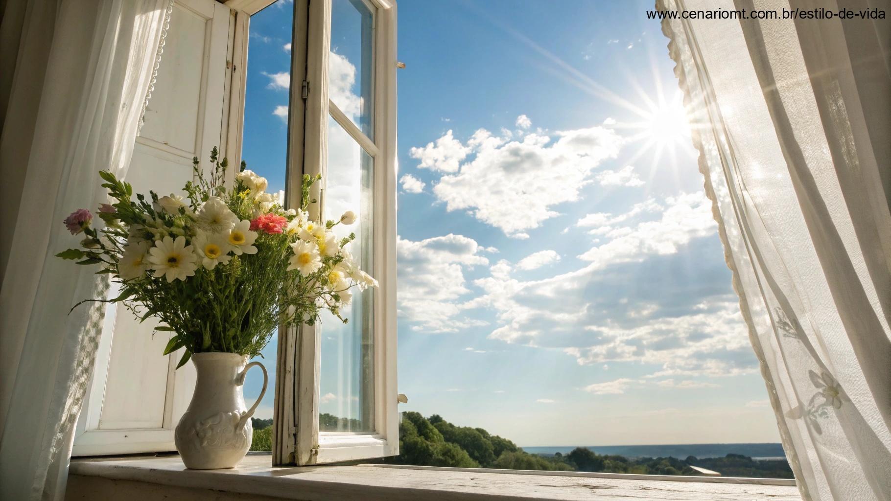 Manhã de sábado ensolarada com janela aberta e flores frescas transmitindo fé e motivação