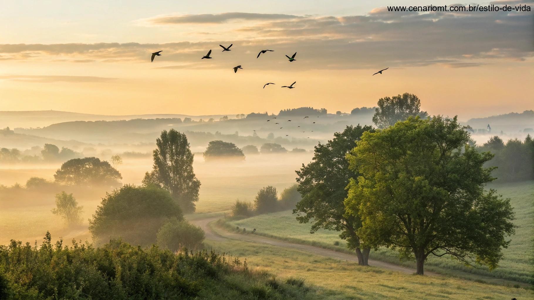 Nascer do sol em uma paisagem campestre serena com neblina suave
