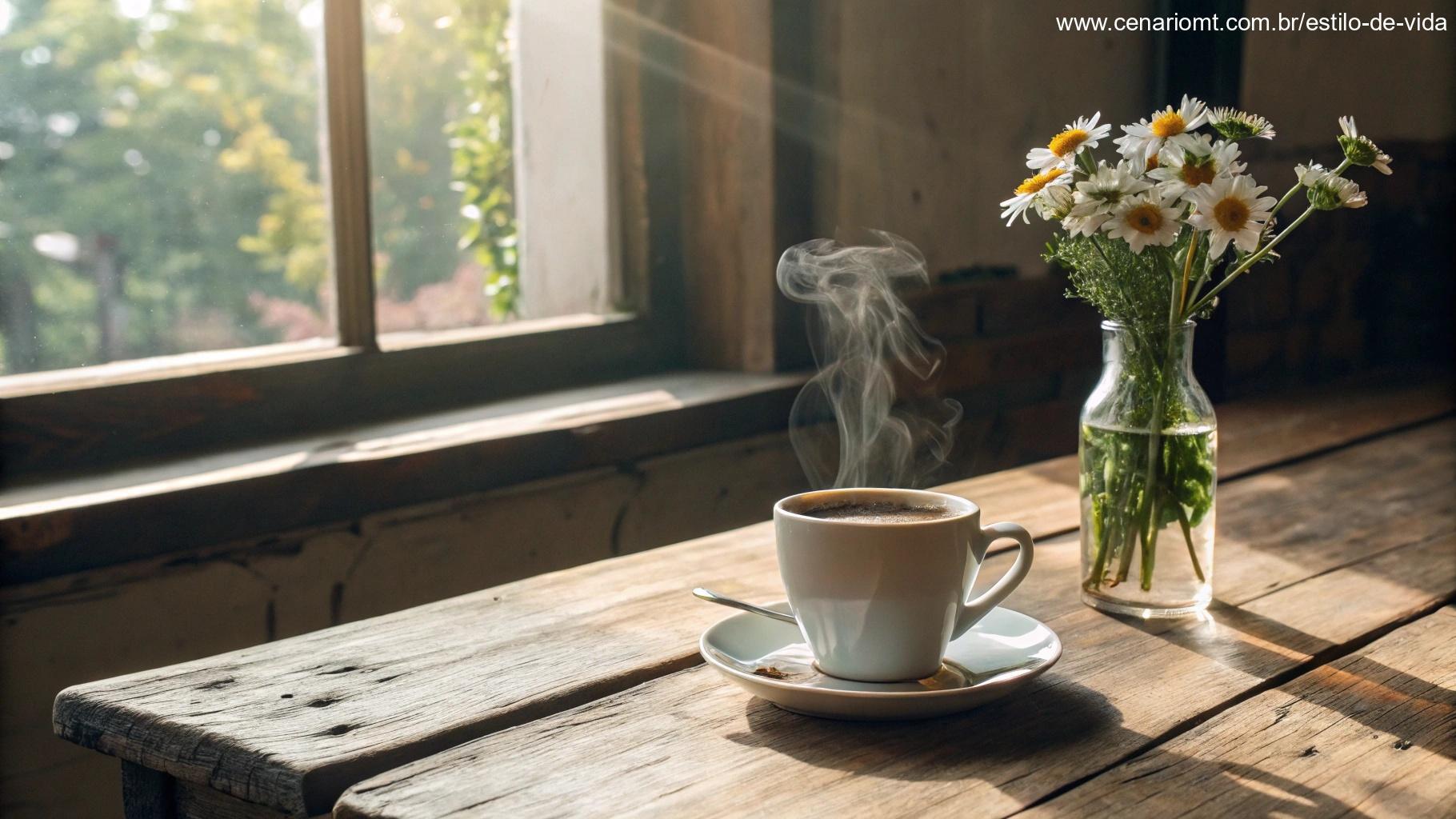 Mesa de madeira rústica com uma xícara de café fumegante ao lado de um pequeno vaso de flores silvestres frescas, com a luz do sol entrando por uma janela ao fundo