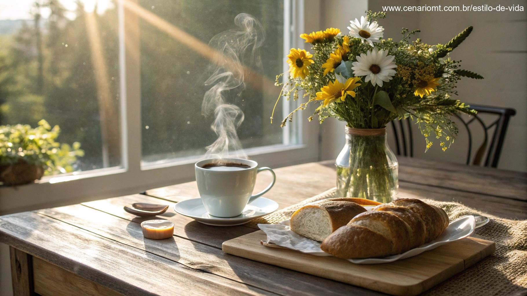 Café da manhã aconchegante com pão fresco, café e flores em uma mesa iluminada pelo sol