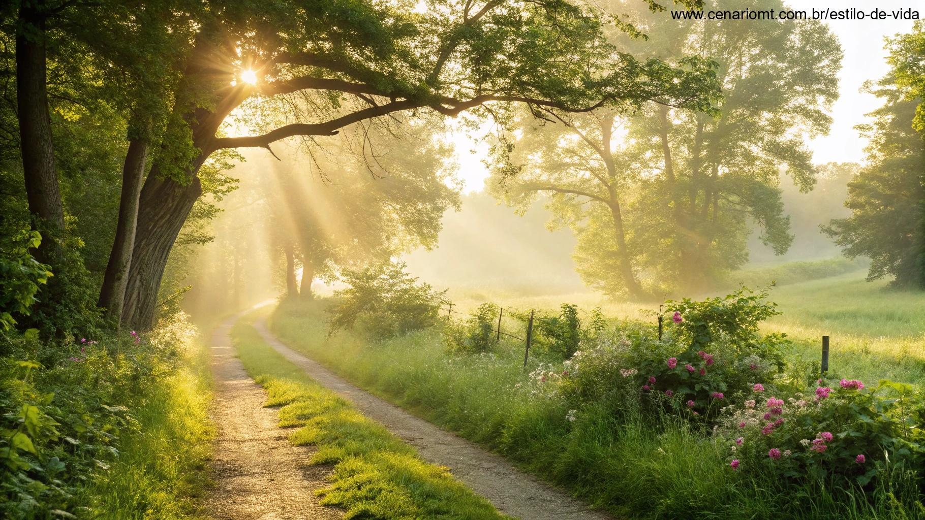 Manhã brilhante e calorosa com raios suaves de sol surgindo por entre árvores, com um caminho tranquilo à frente, representando esperança e positividade para uma terça-feira abençoada.