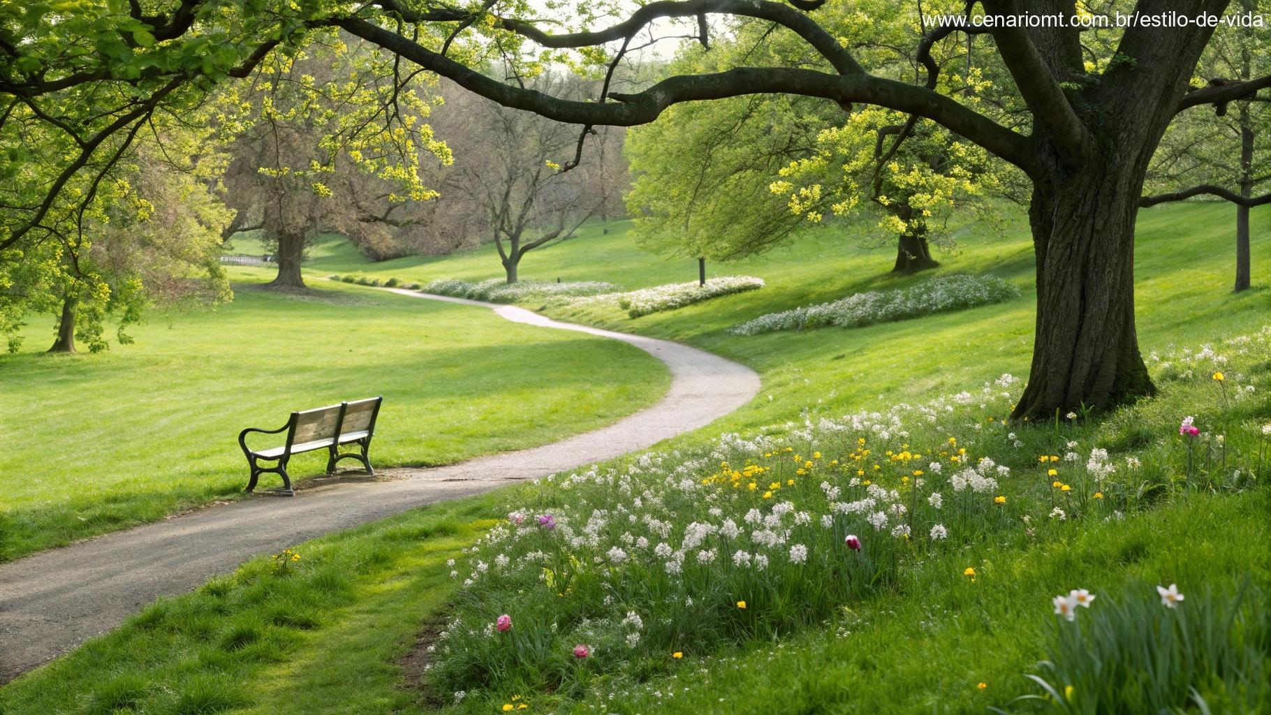 Imagem de um parque com grama verde, flores coloridas e um banco sob uma árvore