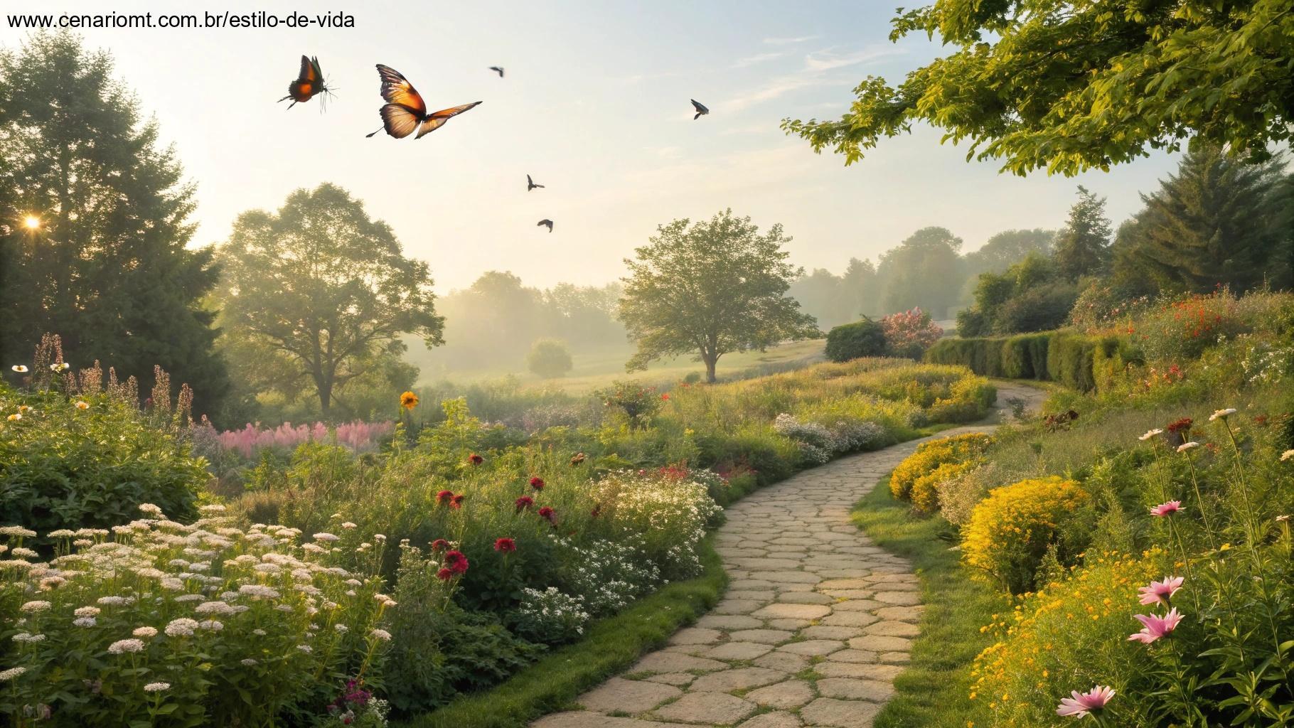 Jardim ensolarado com flores e borboletas em um domingo especial