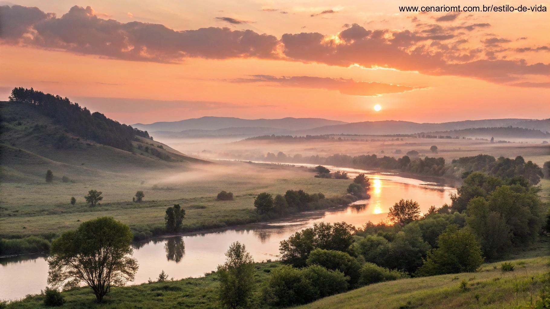 Cenário natural bonito com o sol nascendo sobre uma paisagem tranquila, transmitindo energia positiva para uma sexta-feira abençoada.