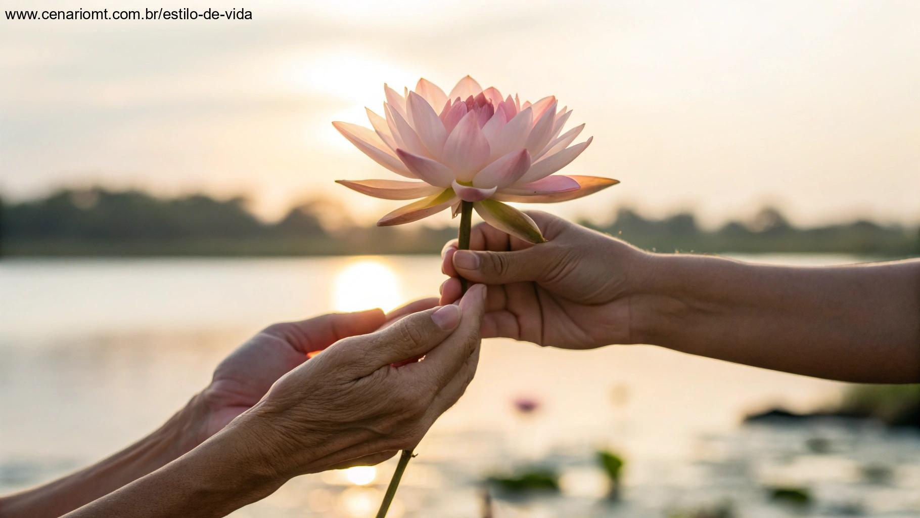 Duas mãos segurando delicadamente uma flor desabrochando com luz suave da manhã ao fundo