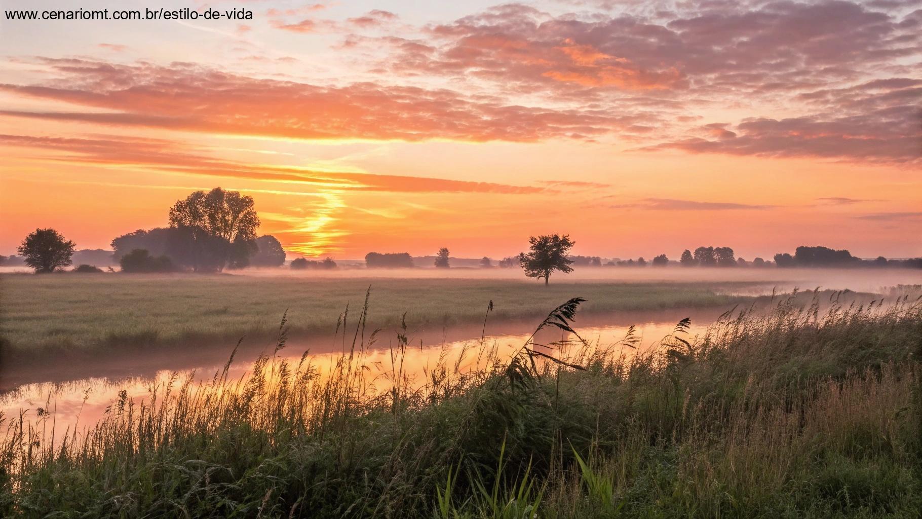 Nascer do sol sobre um campo calmo simbolizando inspiração e motivação para a sexta-feira