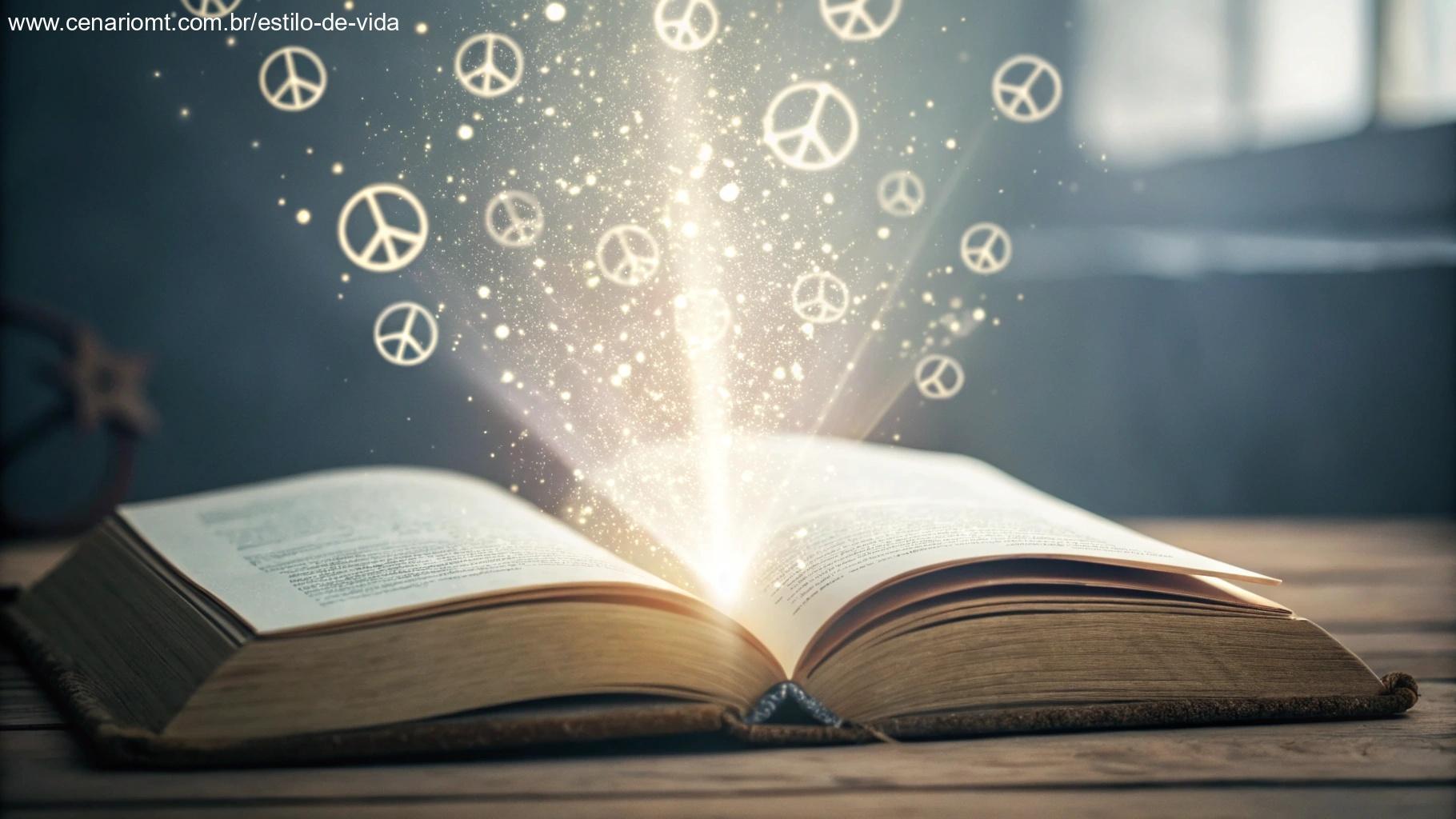 Livro aberto com um feixe de luz iluminando suas páginas, cercado por símbolos abstratos de paz