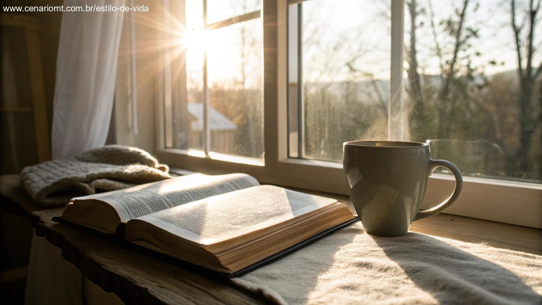 Bíblia aberta com luz do sol e café da manhã em um ambiente tranquilo