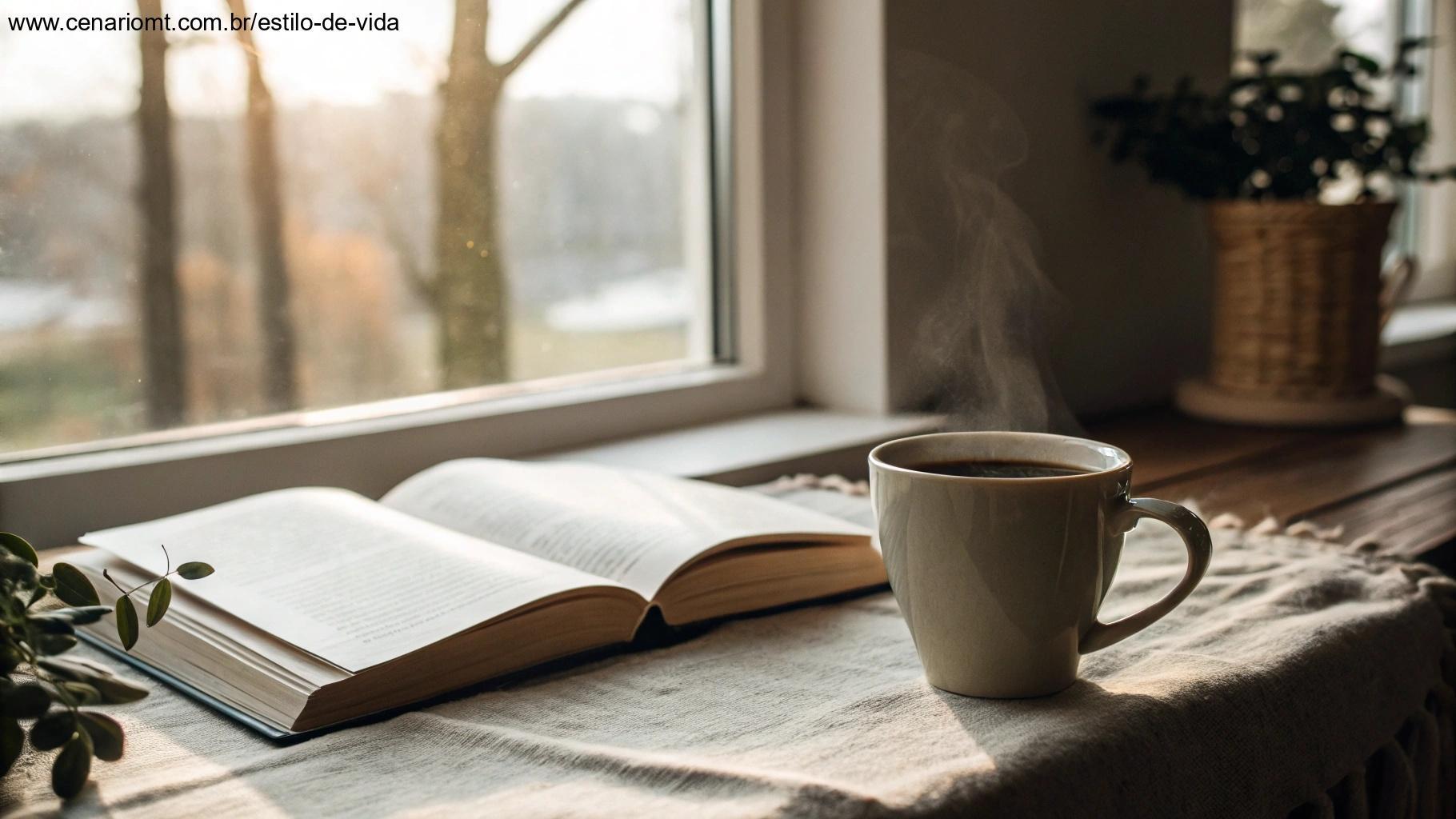 Cena acolhedora com café e Bíblia abertos ao amanhecer