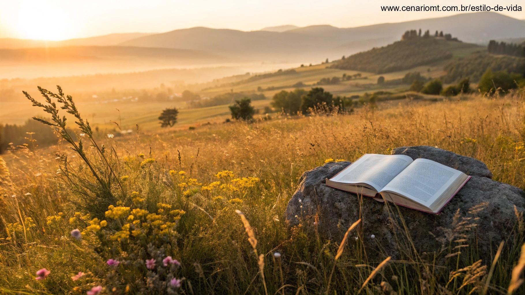 Campo dourado com Bíblia aberta em uma pedra ao nascer do sol