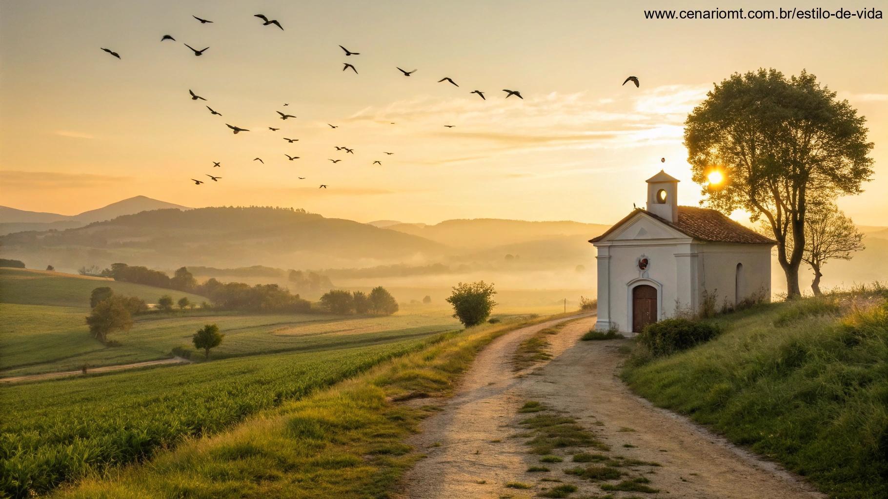Amanhecer no campo com uma capela ao fundo e pássaros no céu
