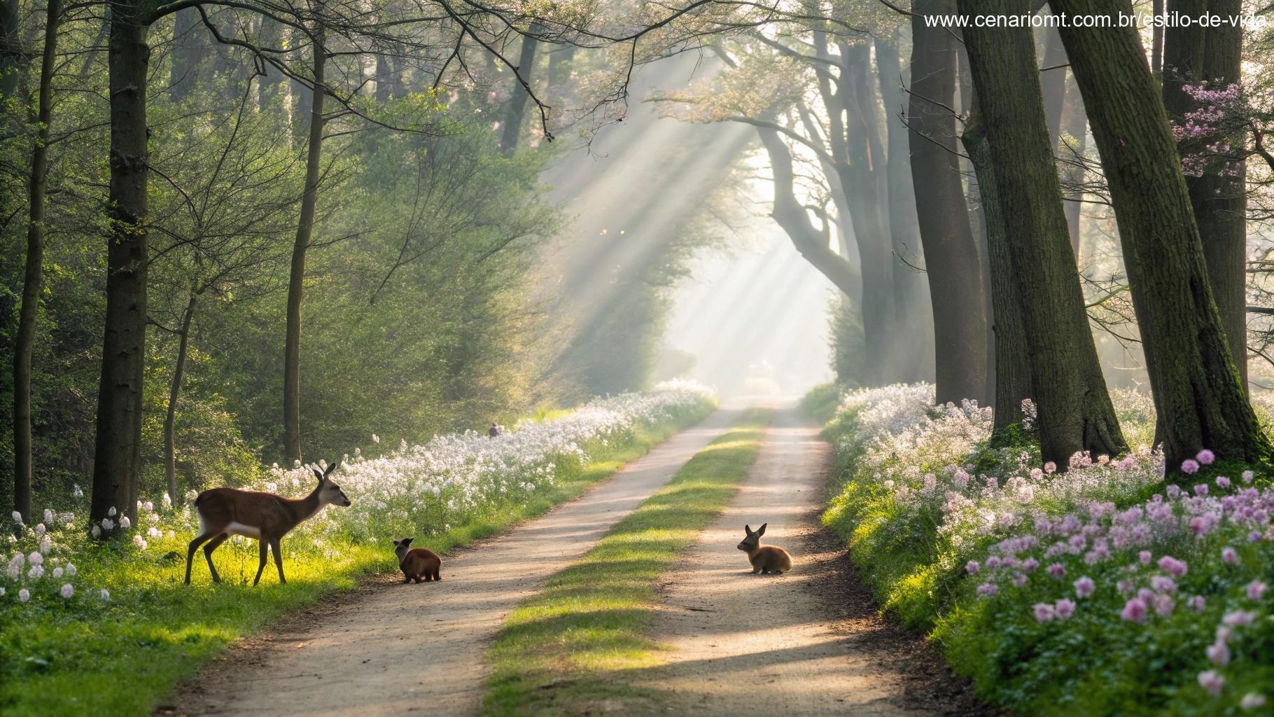 Caminho sereno na floresta com flores desabrochando e animais tranquilos, representando inspiração para a quarta-feira