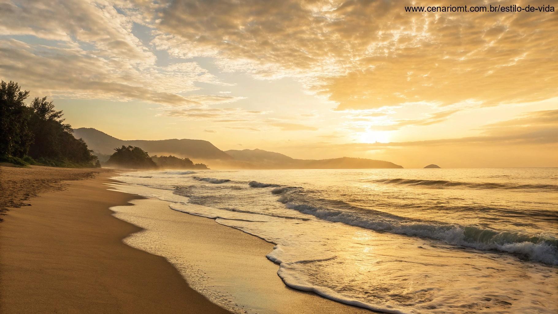 Uma citação inspiradora sobre um fundo tranquilo de um nascer do sol em uma praia pacífica, com ondas calmas e luz dourada suave, definindo o tom para uma quarta-feira cheia de motivação.