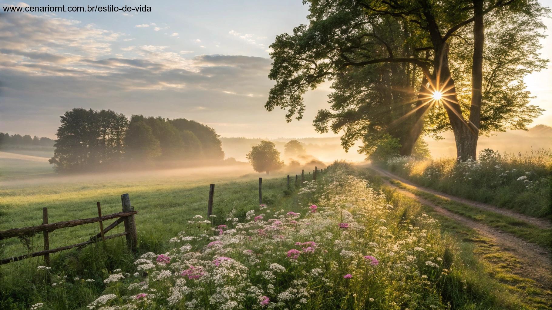 Nascer do sol no campo com flores desabrochando e luz filtrada pelas árvores