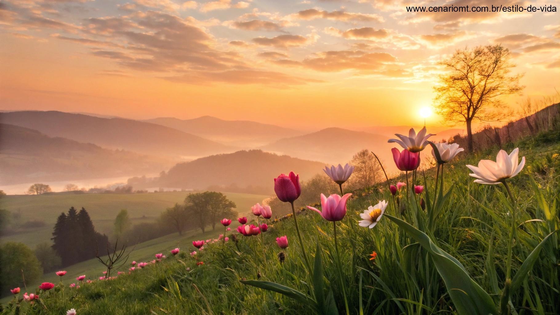 Paisagem serena com flores frescas e um amanhecer brilhante, simbolizando inspiração e um novo começo para a semana.