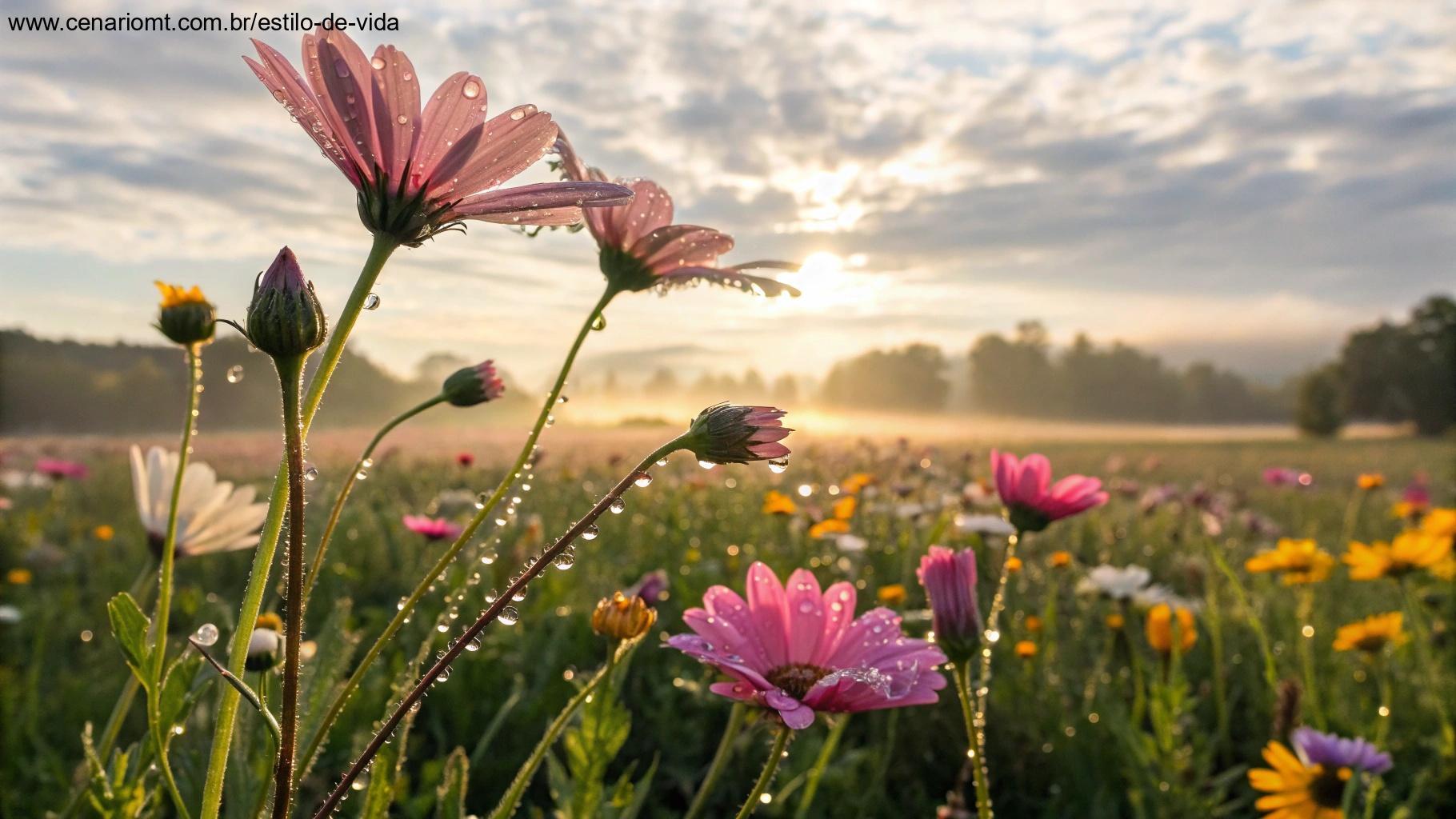 Campo vibrante de flores com orvalho matinal, trazendo otimismo para a semana.