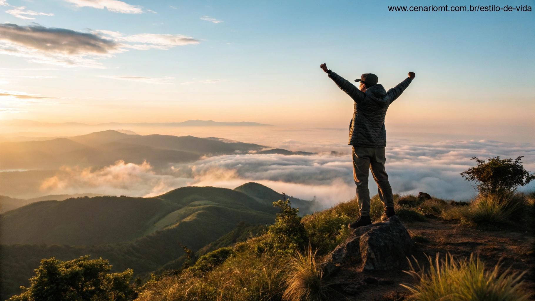 Cena motivacional com uma pessoa em cima de uma montanha, olhando para o nascer do sol, pronta para conquistar a semana com inspiração e positividade.