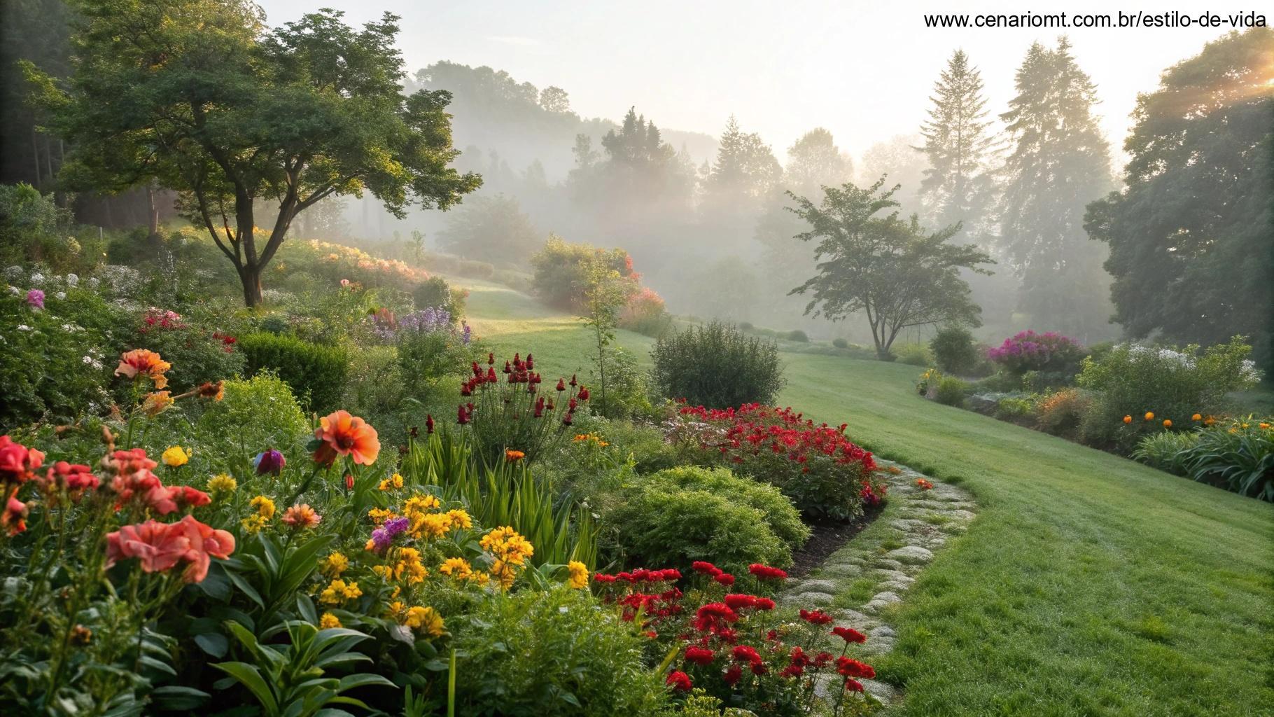 Imagem de um jardim bonito com flores vibrantes e orvalho matinal, simbolizando novos começos e o potencial para um ótimo dia, perfeito para começar o sábado com inspiração.