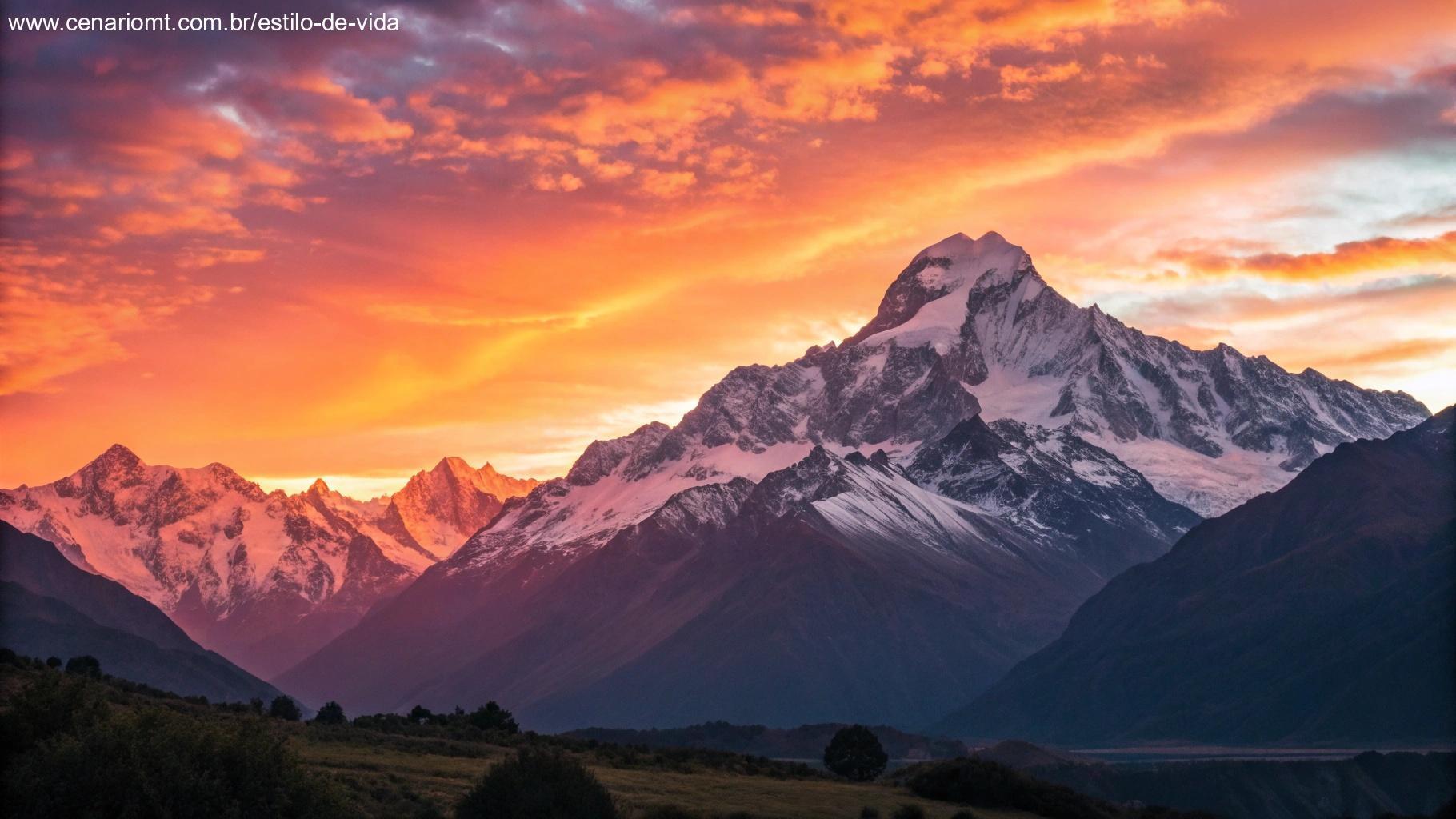 Um nascer do sol inspirador sobre uma cadeia de montanhas com cores vibrantes, simbolizando um novo começo e motivação para conquistar o dia que vem pela frente.