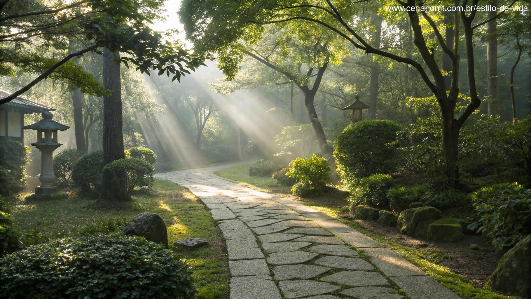 Jardim tranquilo iluminado pela luz suave da manhã, criando um ambiente de reflexão.