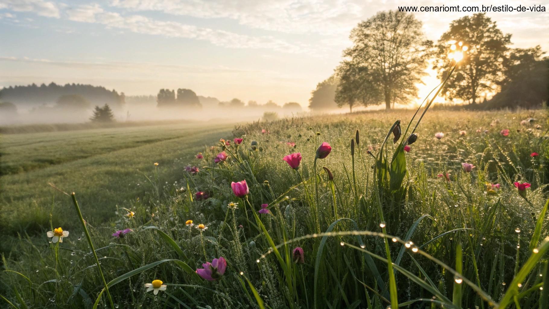 Campo de flores ao amanhecer com orvalho nas pétalas e uma brisa suave.