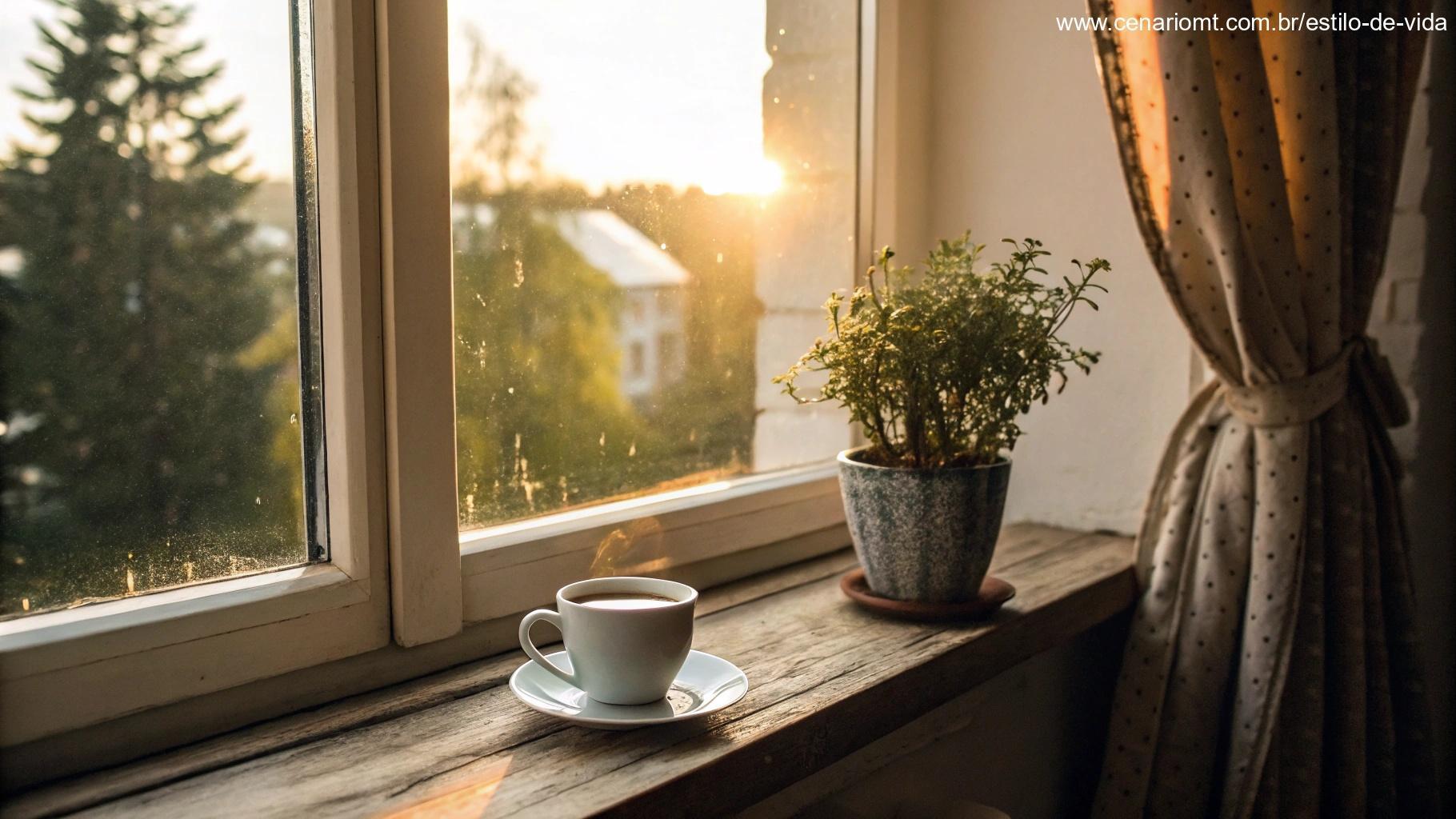 Janela aconchegante com luz do sol entrando, xícara de café no parapeito e um pequeno vaso de planta
