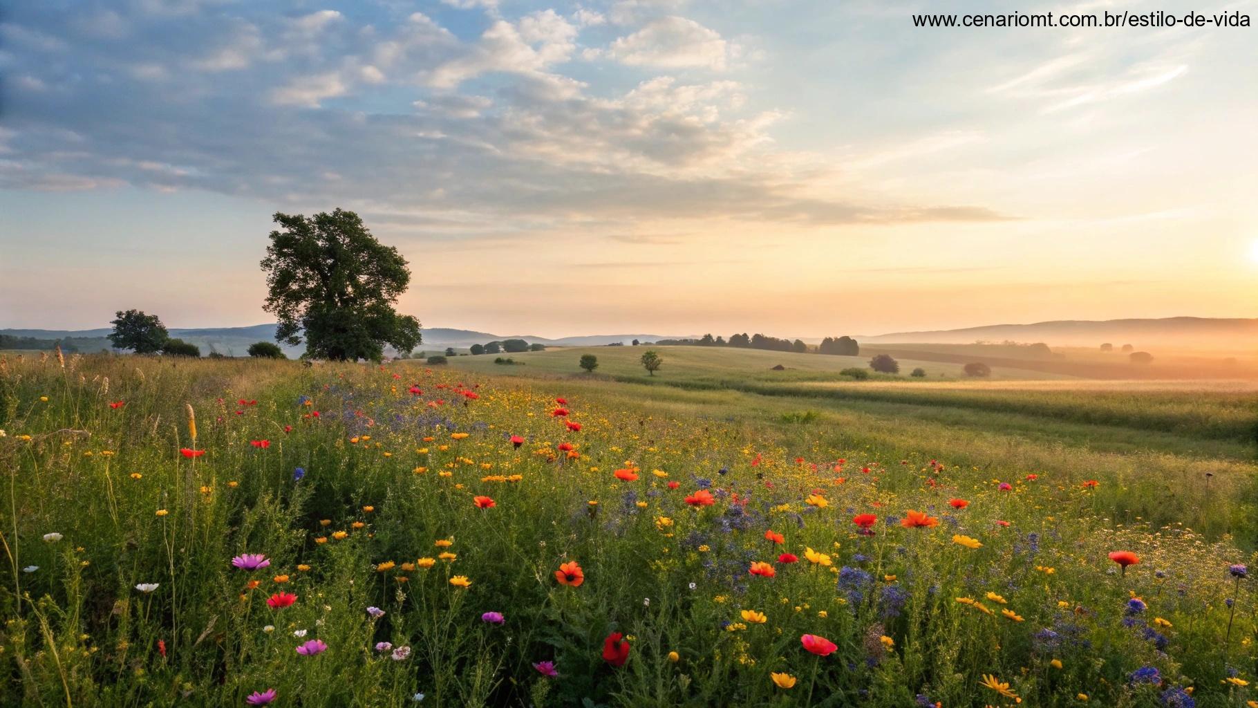 Cenário tranquilo e inspirador com um campo aberto e flores, simbolizando o começo de uma nova semana cheia de oportunidades.