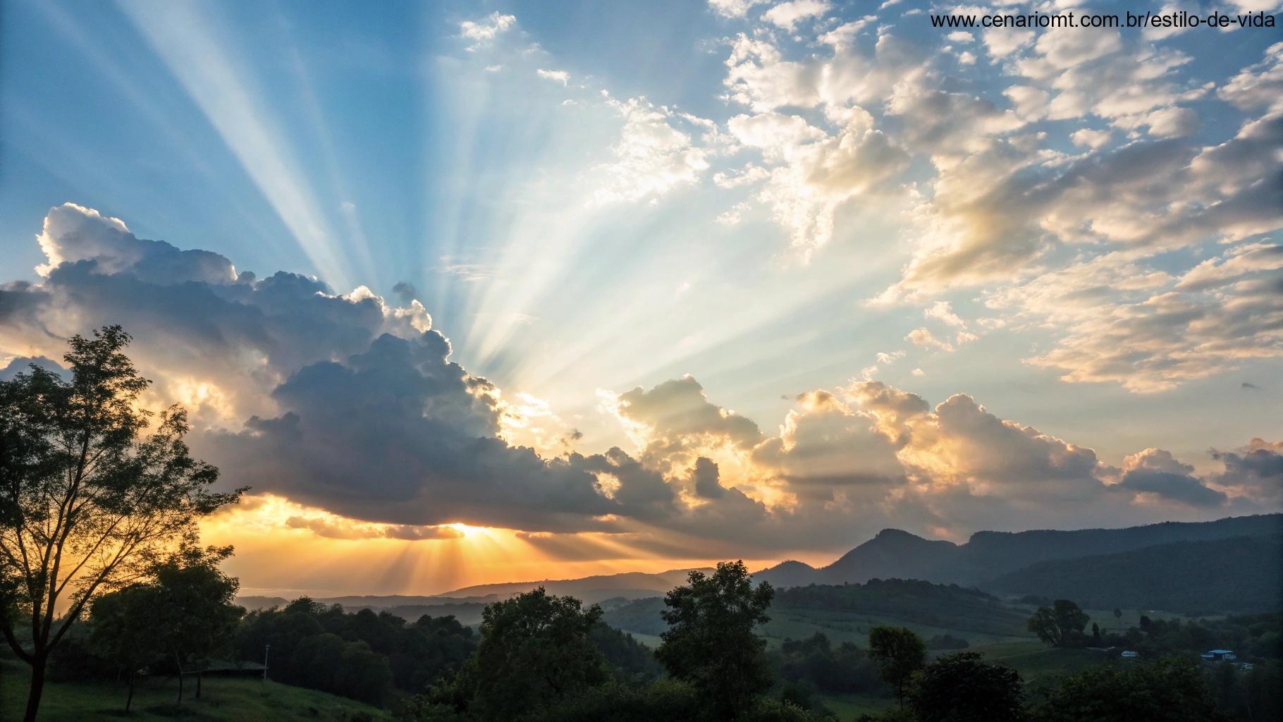 Céu matinal sereno e inspirador com nuvens fofas e os primeiros raios de luz surgindo, transmitindo esperança e positividade.