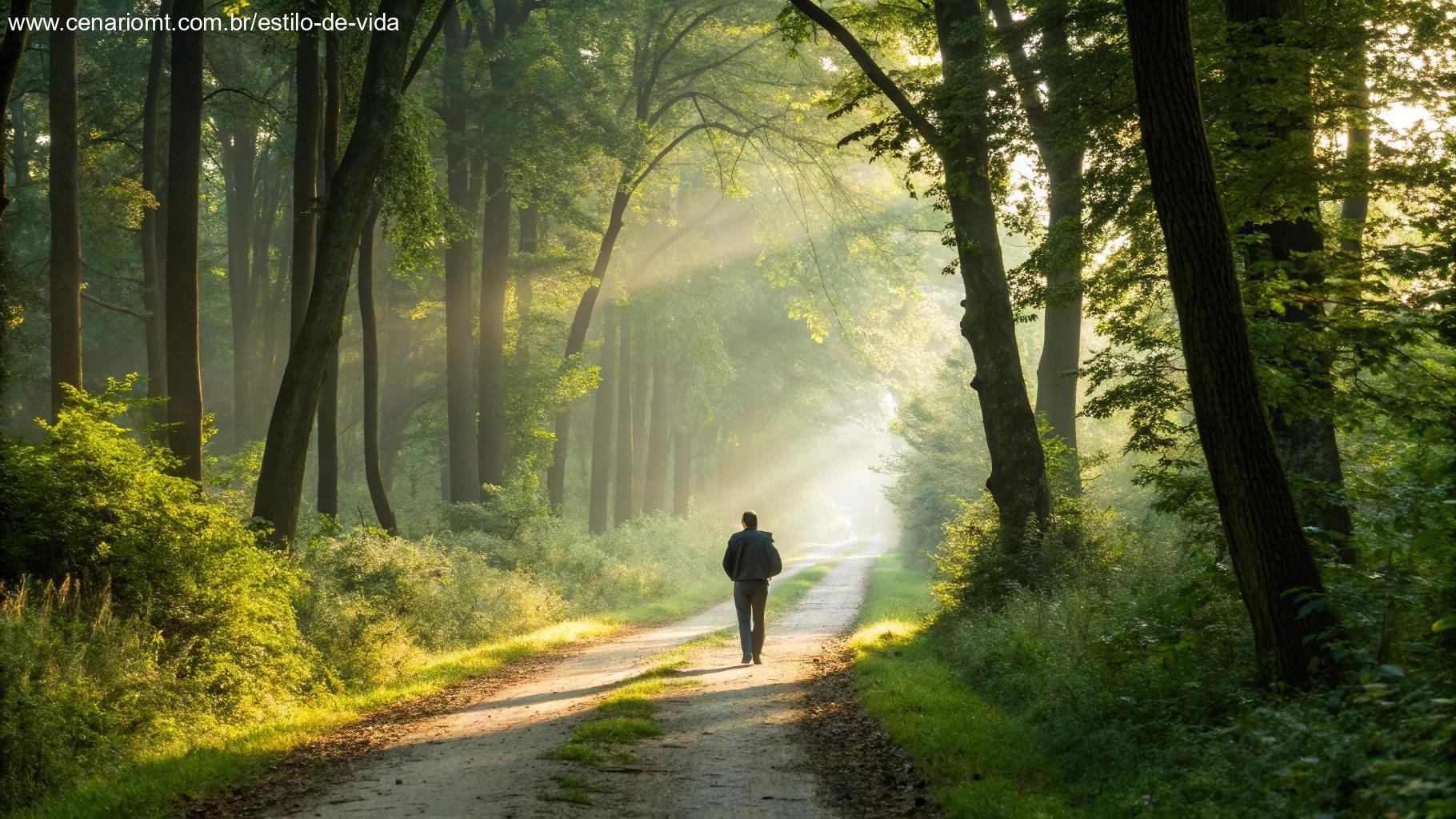 Trilha iluminada na floresta com luz suave da manhã representando inspiração para a segunda-feira