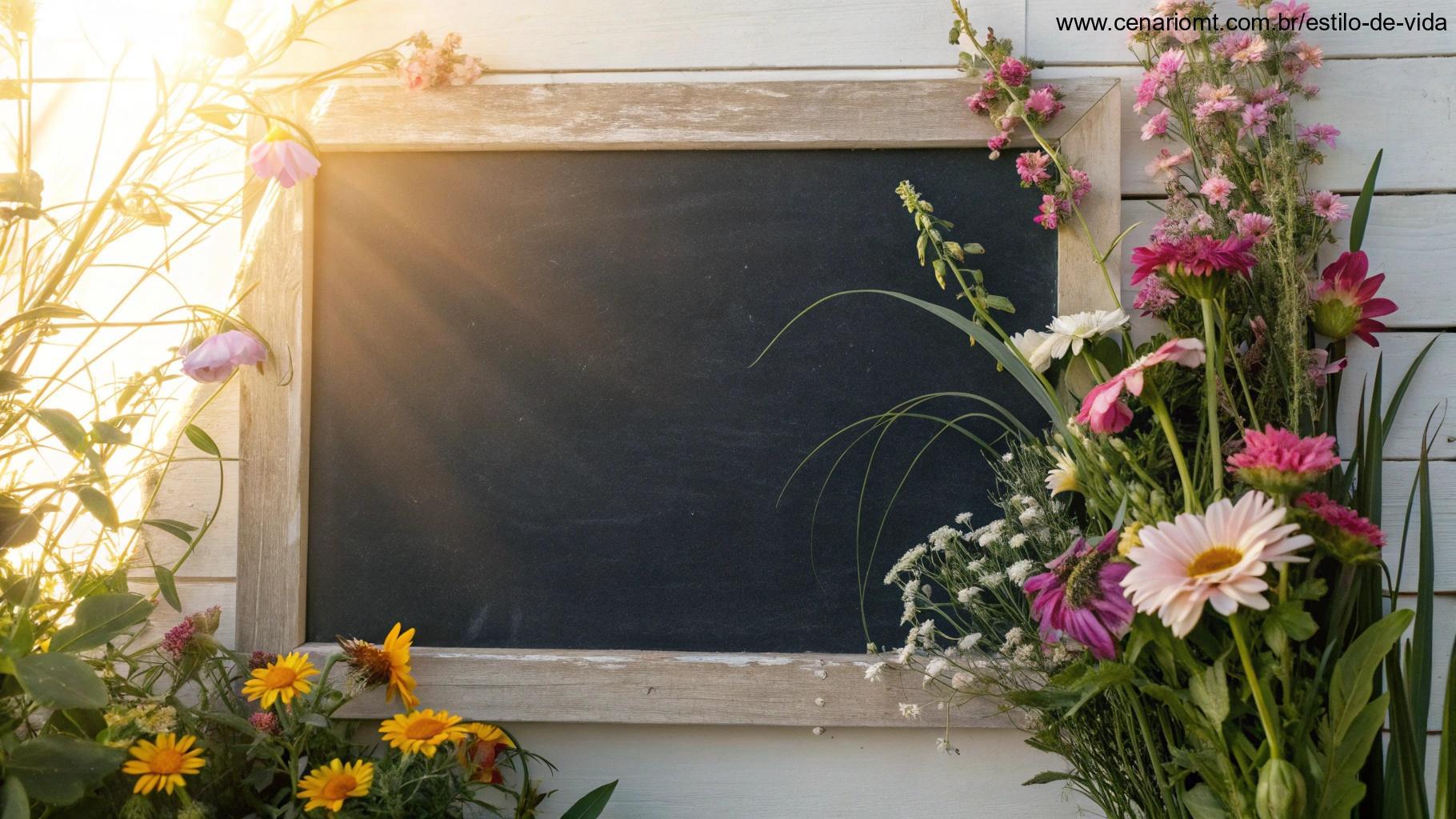 Citação inspiradora em uma lousa, rodeada por flores frescas e luz suave, criando um ambiente sereno para o domingo.