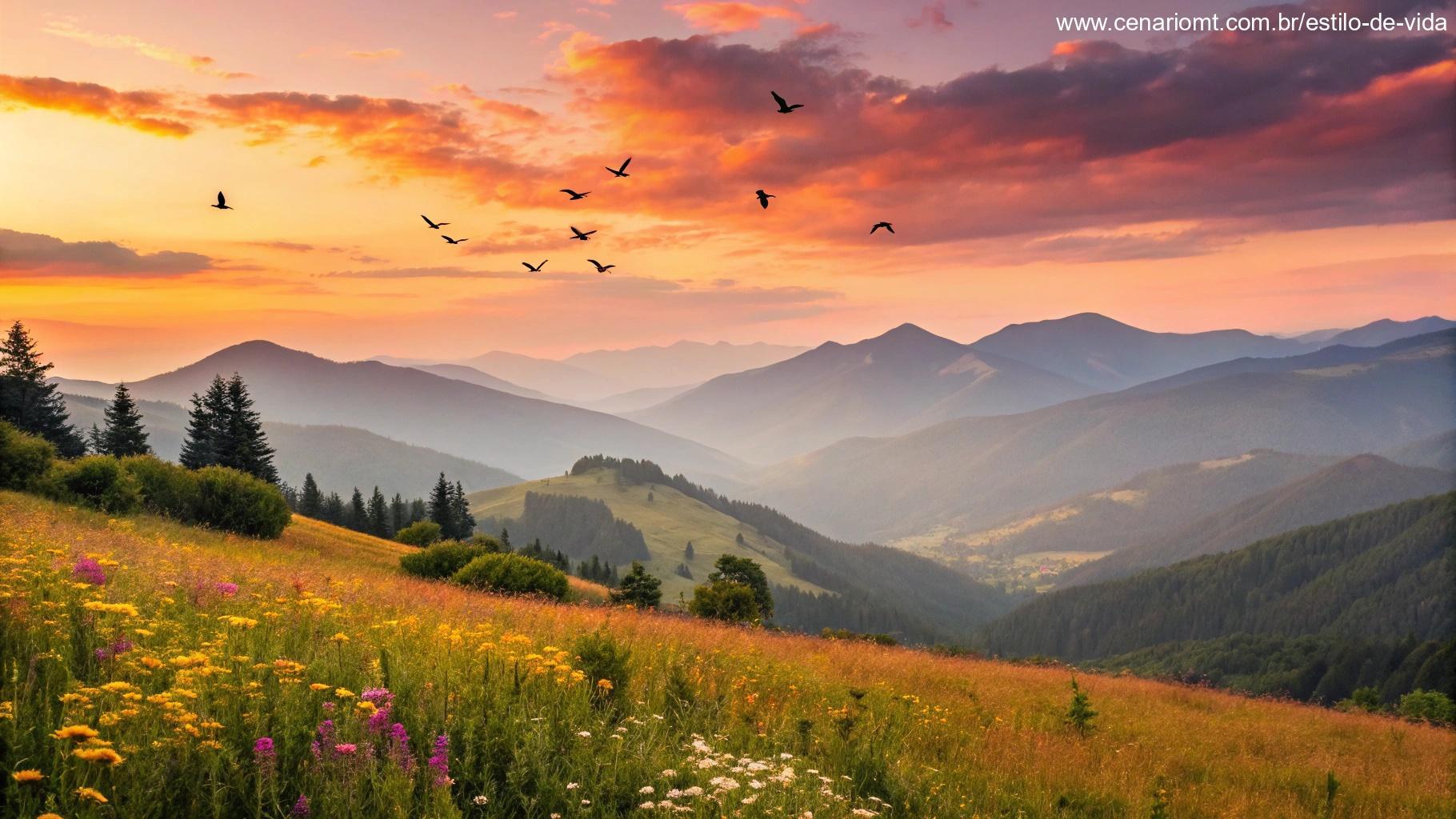 Nascer do sol vibrante sobre montanhas com flores desabrochando e pássaros voando