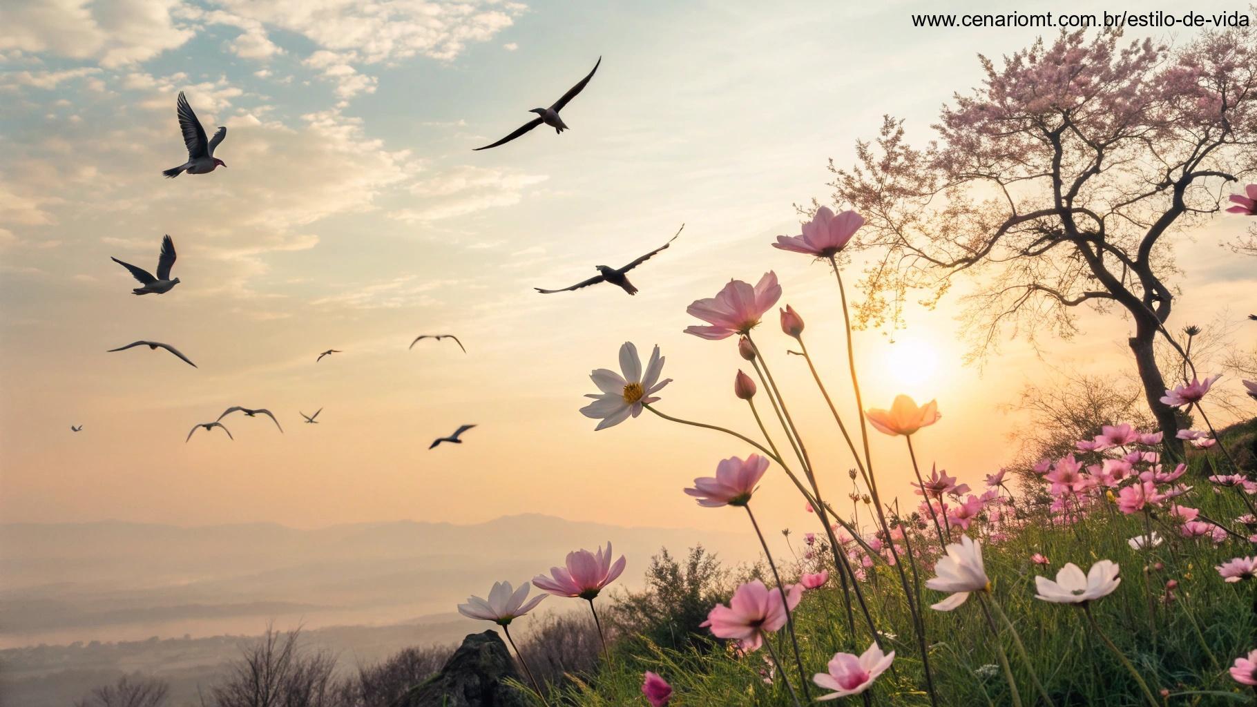 Uma coleção de elementos motivacionais, como um nascer do sol, pássaros voando no céu e flores desabrochando, todos em cores suaves para inspirar positividade e um novo começo.