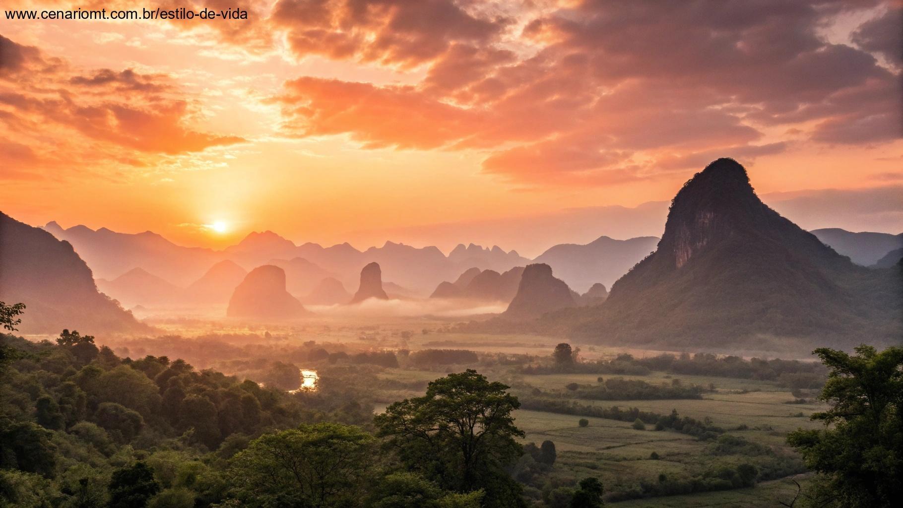 Paisagem motivacional com o sol nascendo atrás das montanhas, simbolizando novos começos e esperança para um dia abençoado.