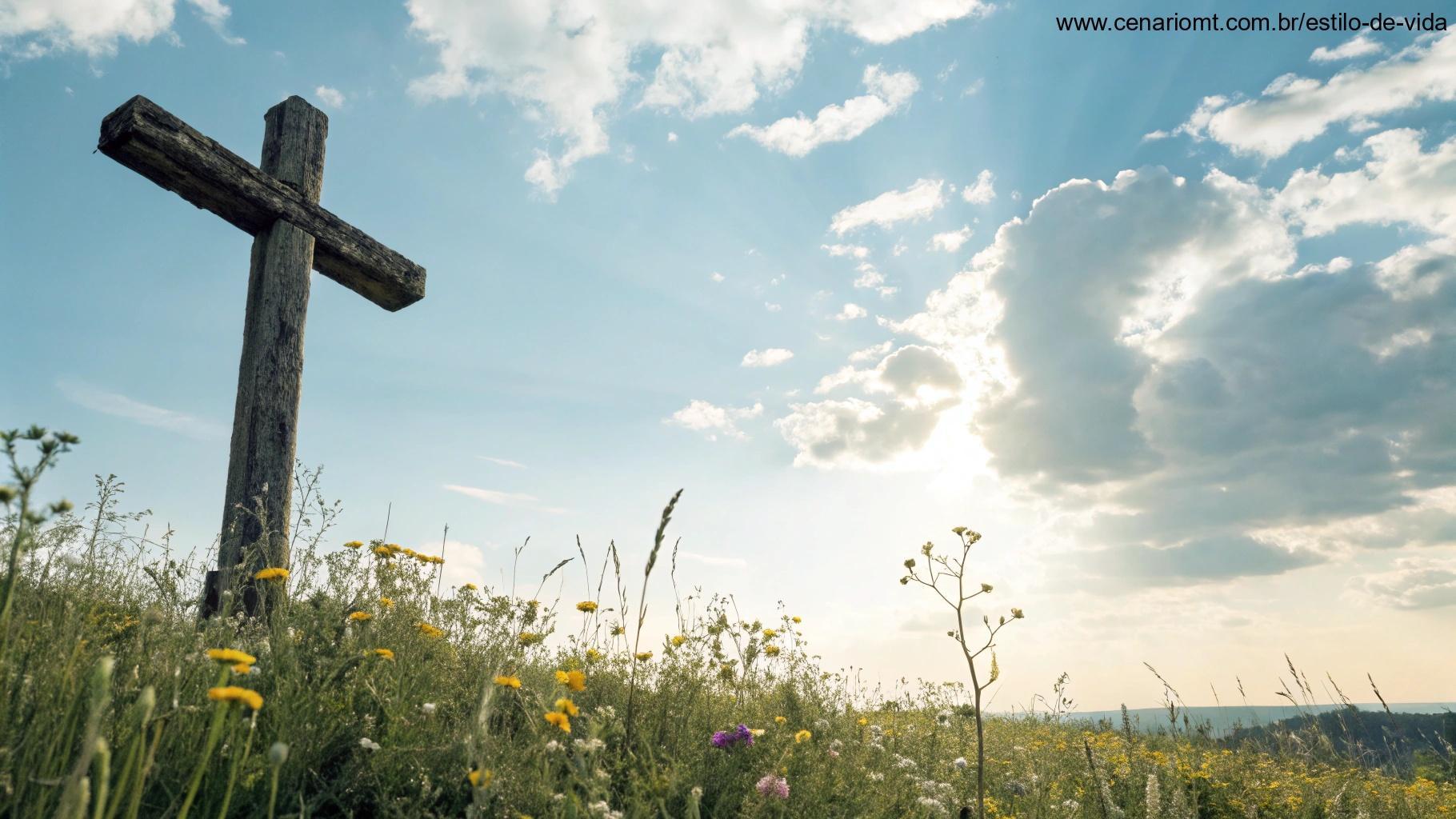 Cruz de madeira rústica em um campo de flores silvestres sob um céu azul brilhante com luz solar suave passando por nuvens brancas