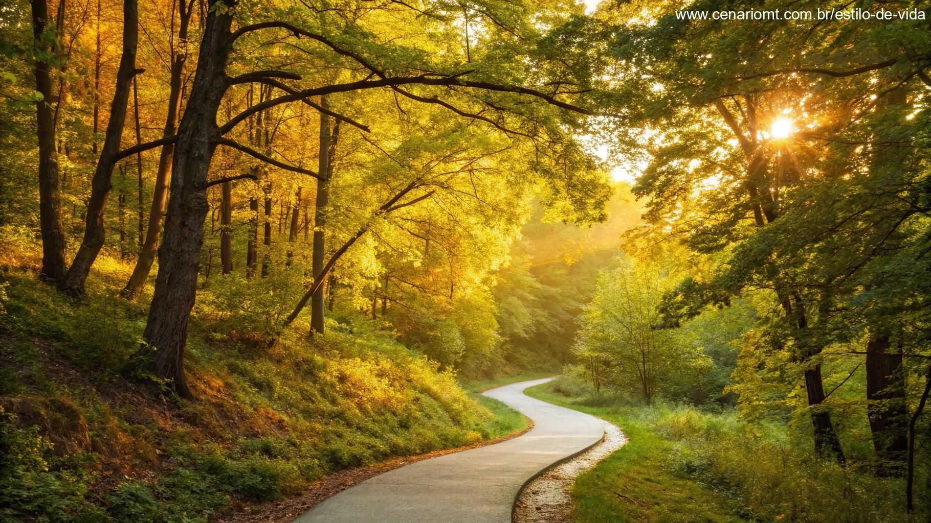 Um caminho sinuoso através de uma floresta vibrante com luz solar dourada filtrando pelas folhas